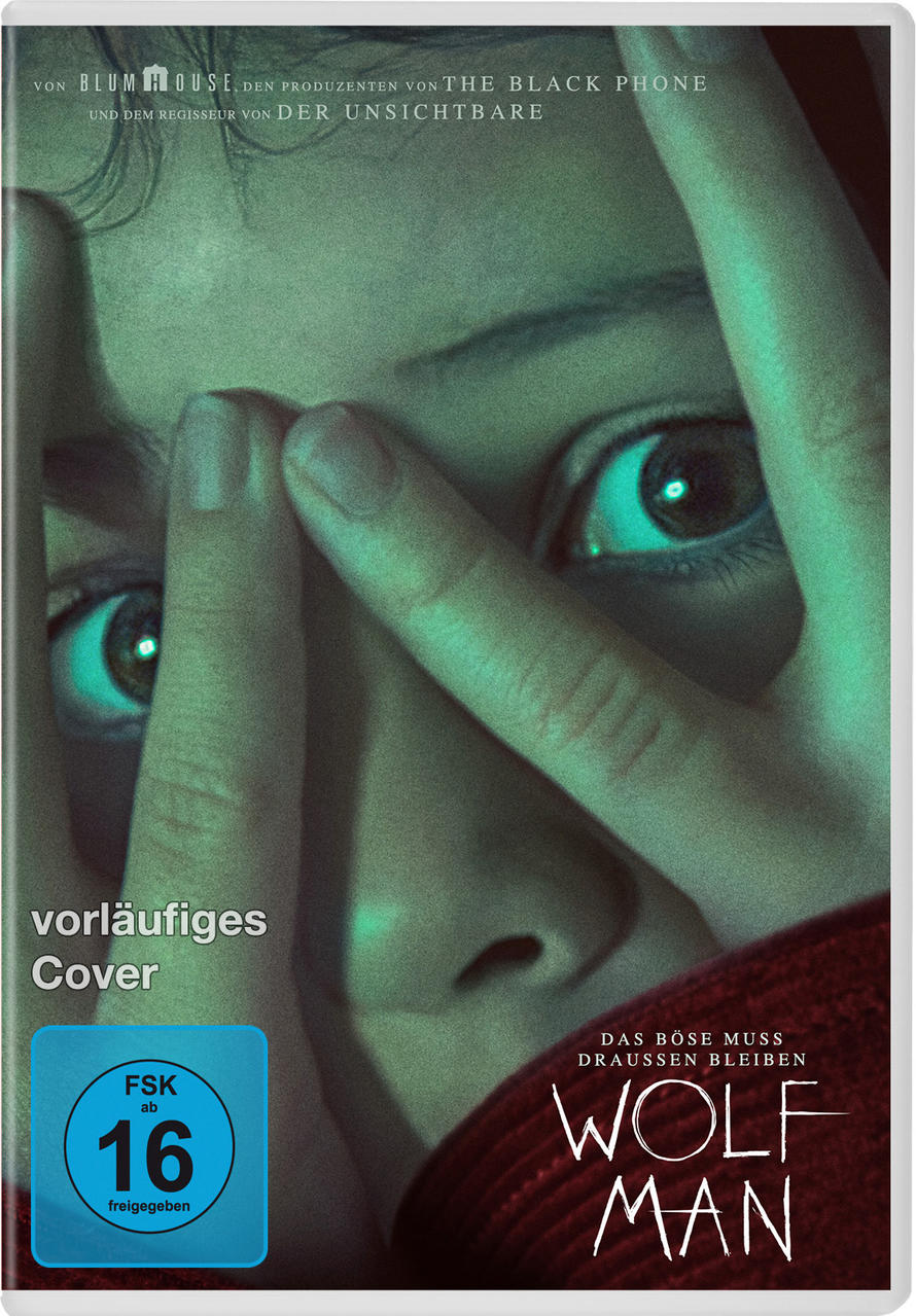 Nahaufnahme eines Gesichts, Augen, die durch Finger schauen. Filmtitel 'Wolfman' steht unten.