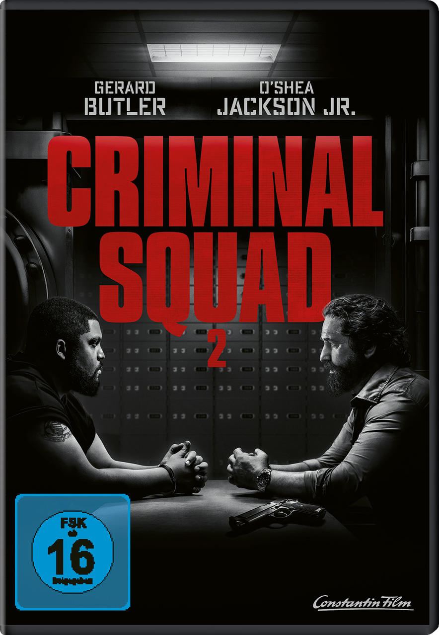Criminal Squad 2 DVD-Box, zwei Männer am Tisch mit einer Pistole.