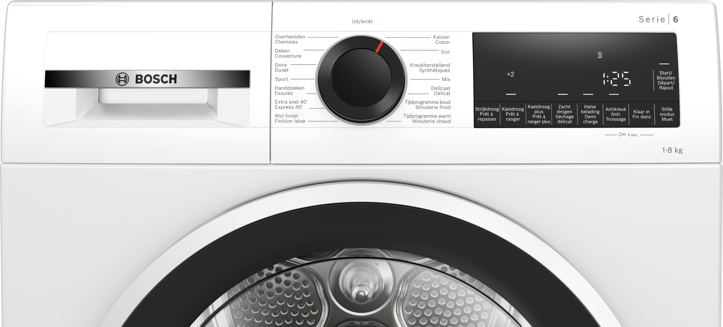 Witte wasmachine met een zwarte deur en bedieningspaneel. Bosch-merk staat erop.