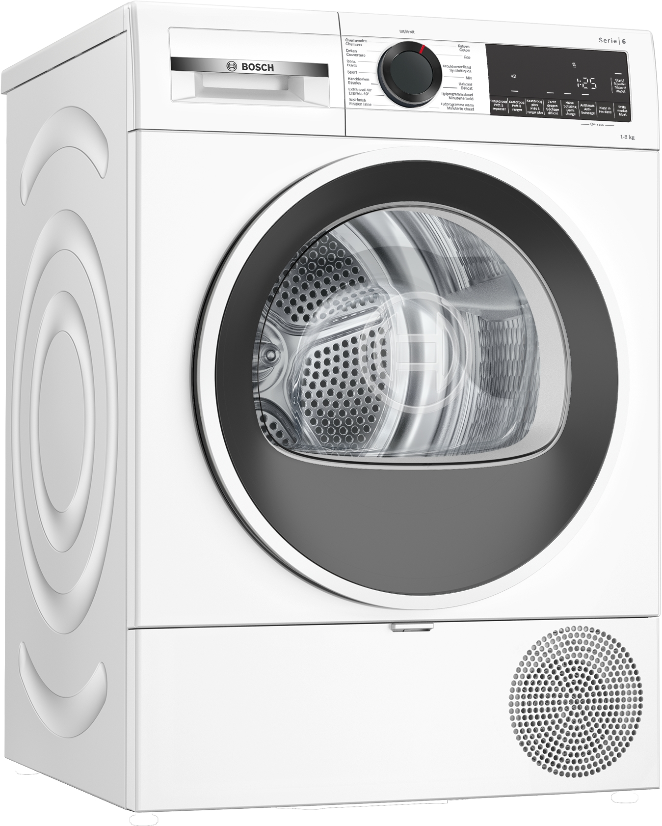 Een witte Bosch droger met een ronde deur, een bedieningspaneel en een onderste compartiment.