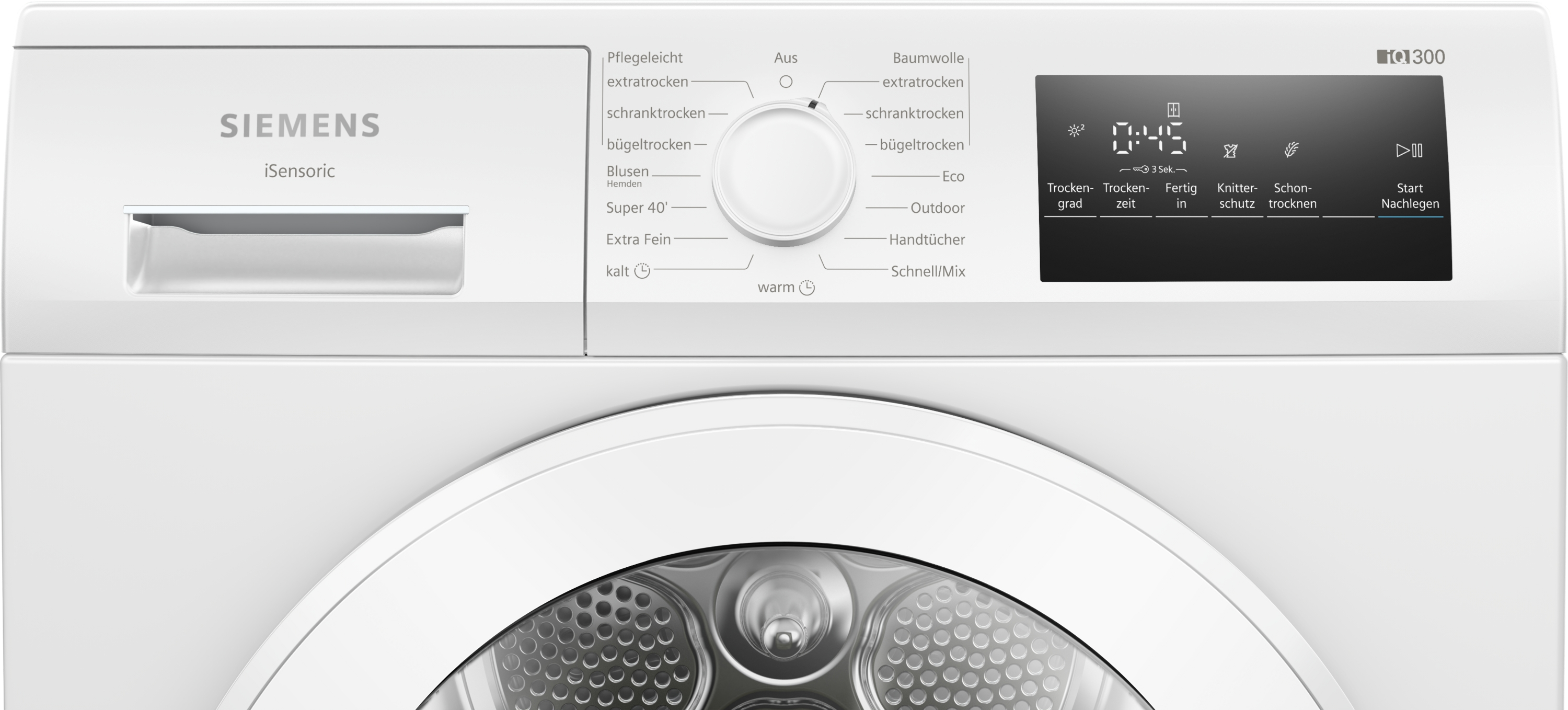 Ein weißer Siemens-Trockner mit Bedienfeld, Drehknopf und Digitalanzeige. Die Tür befindet sich unten.