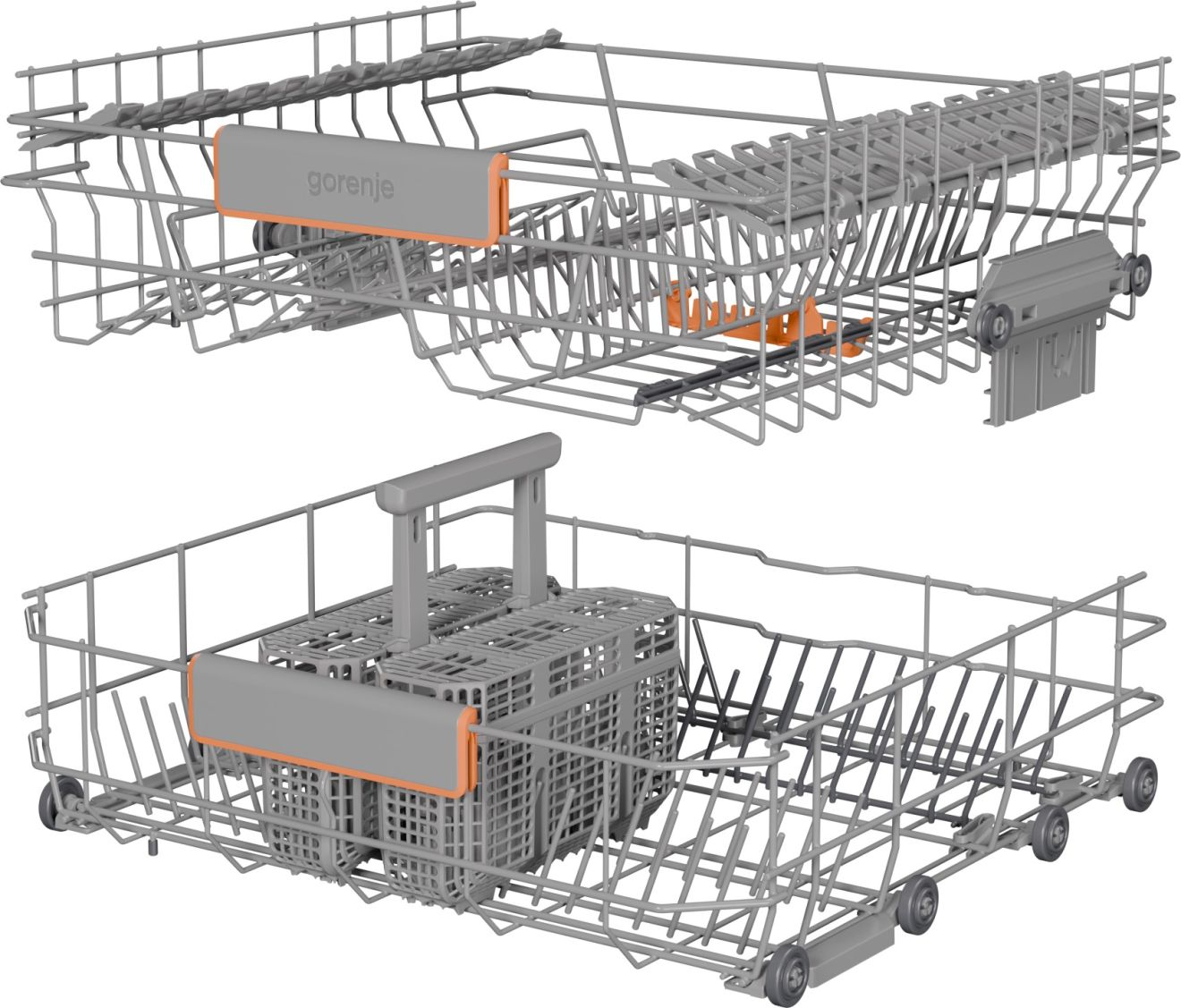 Zwei Geschirrspülkörbe, einer oben und einer unten, mit orangefarbenen Gorenje-Etiketten.
