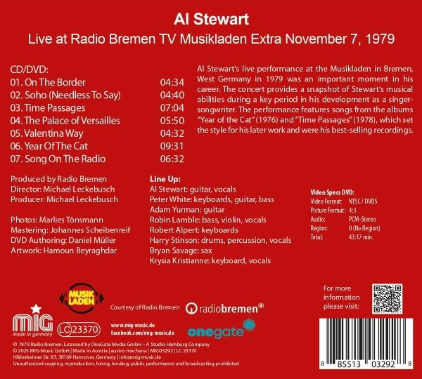 Al Stewart Live-Performance-Poster mit Titelliste, Credits und einem Foto des Künstlers.