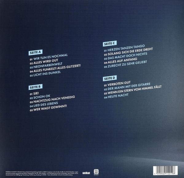 Dunkelblaues Albumcover mit Titellisten in weißem Text. Seite A-D listen Songs wie 'Neonfarbenwelt' und 'Herzen Tanzen Tango'.