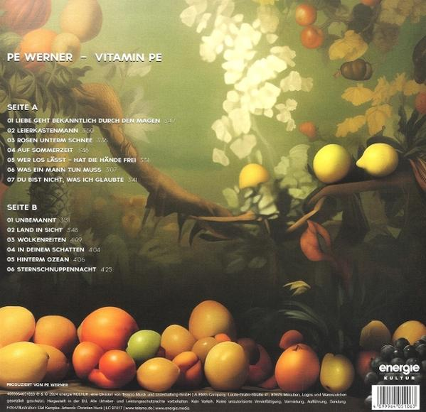 Albumcover mit Früchten und einer Hand. Der Hintergrund besteht aus Blättern und bunten Farben.