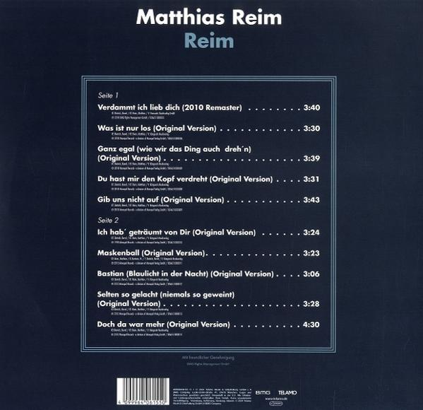 Albumcover mit Titelliste von Matthias Reim. Text auf Deutsch. Blauer Hintergrund.