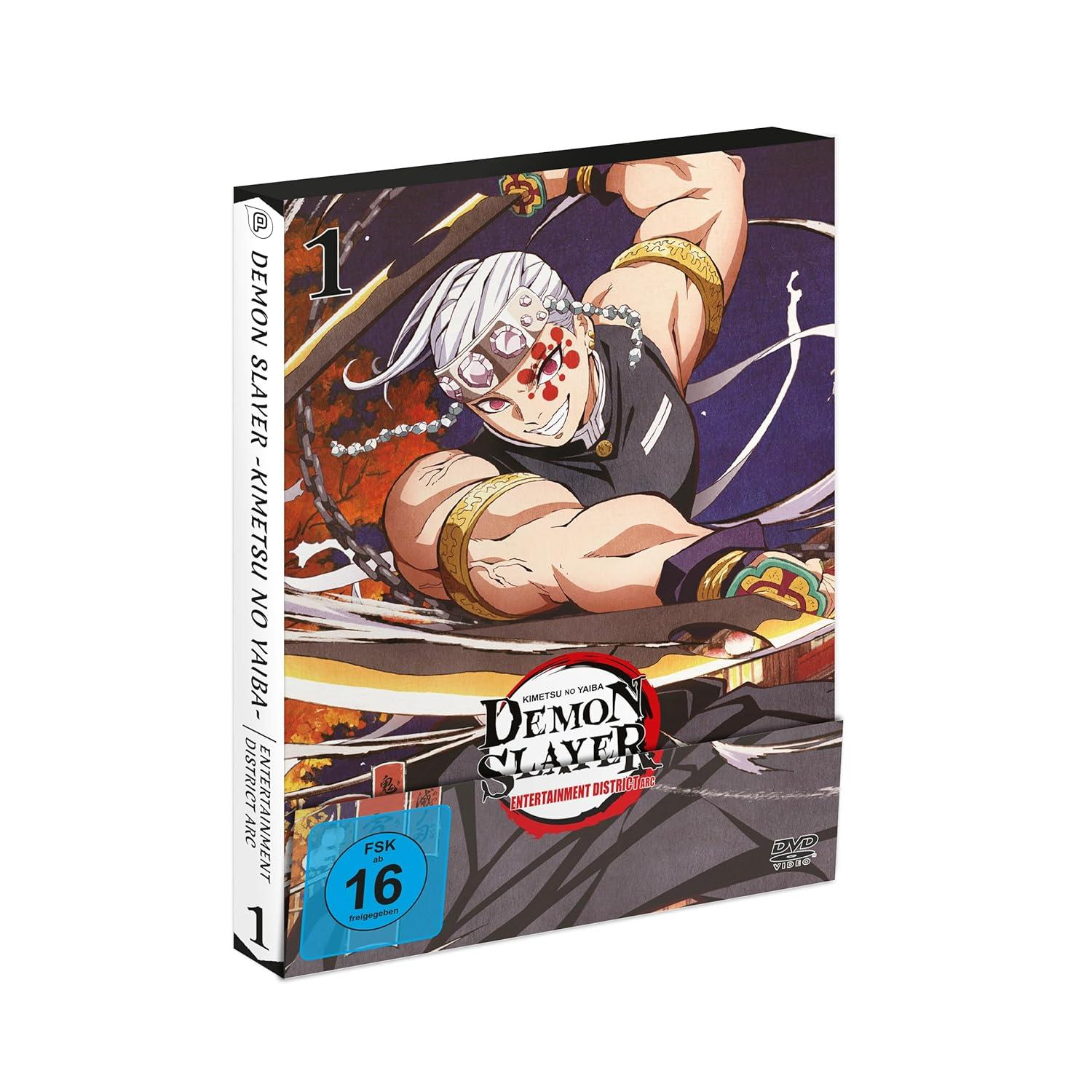 Eine DVD-Hülle von Demon Slayer Anime mit einer Charakterillustration. Der Hintergrund ist eine Mischung aus Lila und Orange.