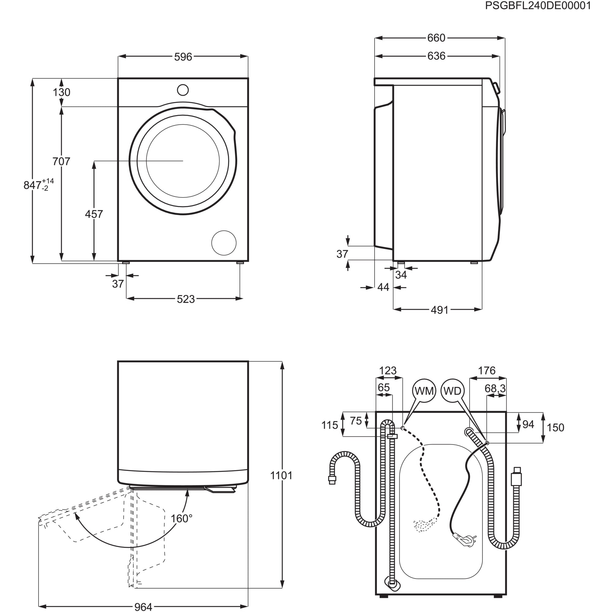 Technische Zeichnung einer Waschmaschine mit Maßen in mm.