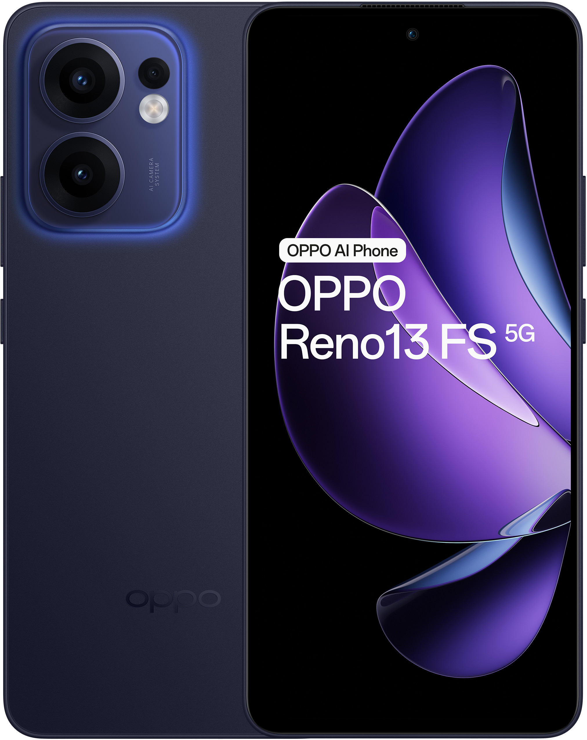 Niebieski telefon Oppo Reno13 FS 5G, wiele aparatów z tyłu, czarny ekran, fioletowe tło.