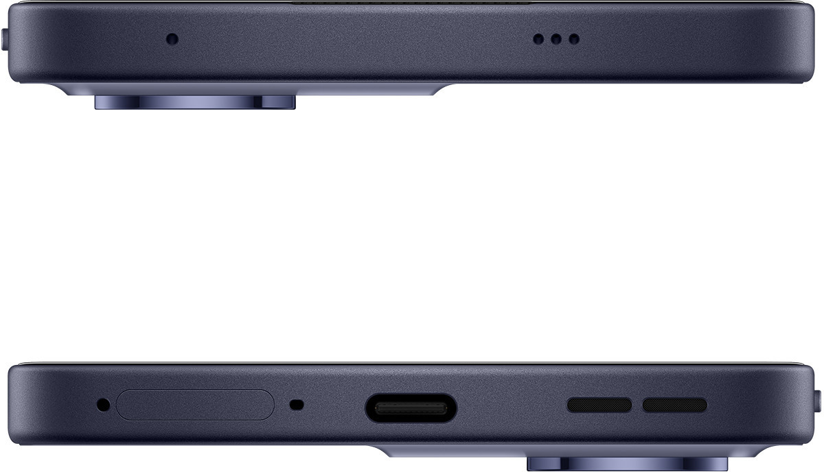 Widok z góry i z dołu ciemnoniebieskiego smartfona. Elementy: aparat, głośnik i port ładowania.