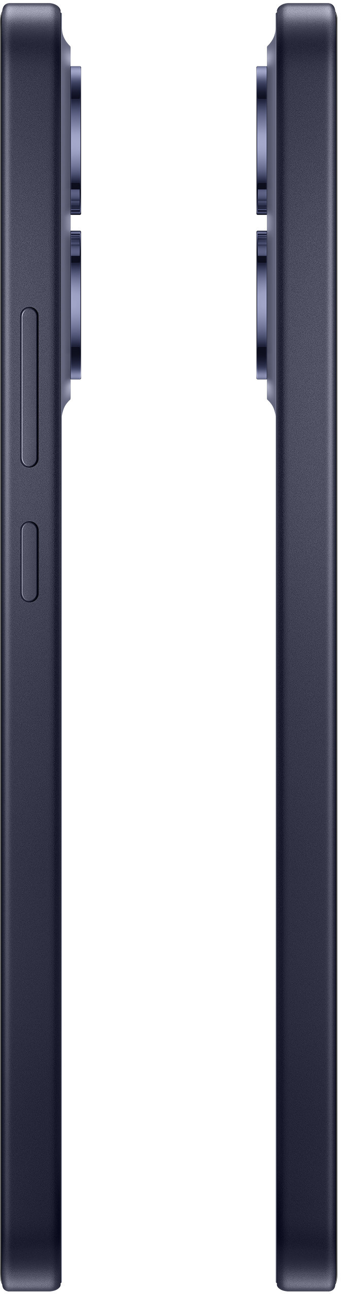 Zbliżenie dwóch granatowych smartfonów obok siebie, pokazujące ich boki i przyciski.