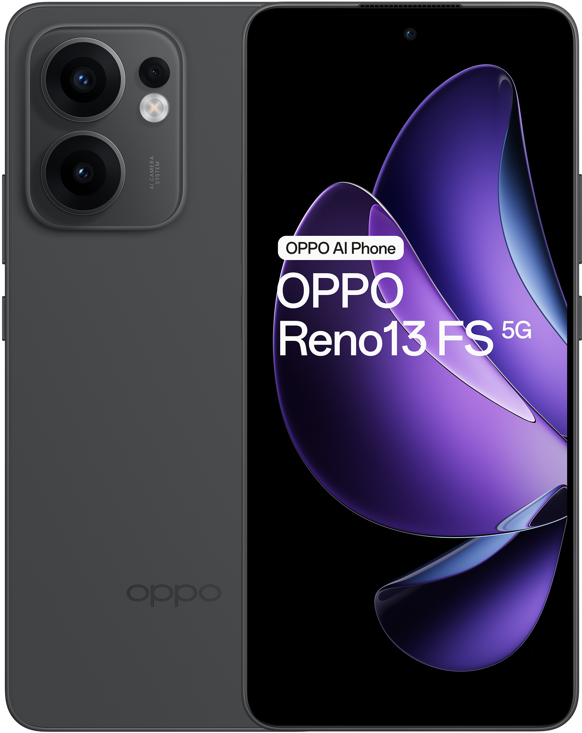 Szary telefon Oppo Reno13 z aparatami, ekran wyświetla fioletowe kształty. Tekst na ekranie: Oppo Reno13 FS 5G.