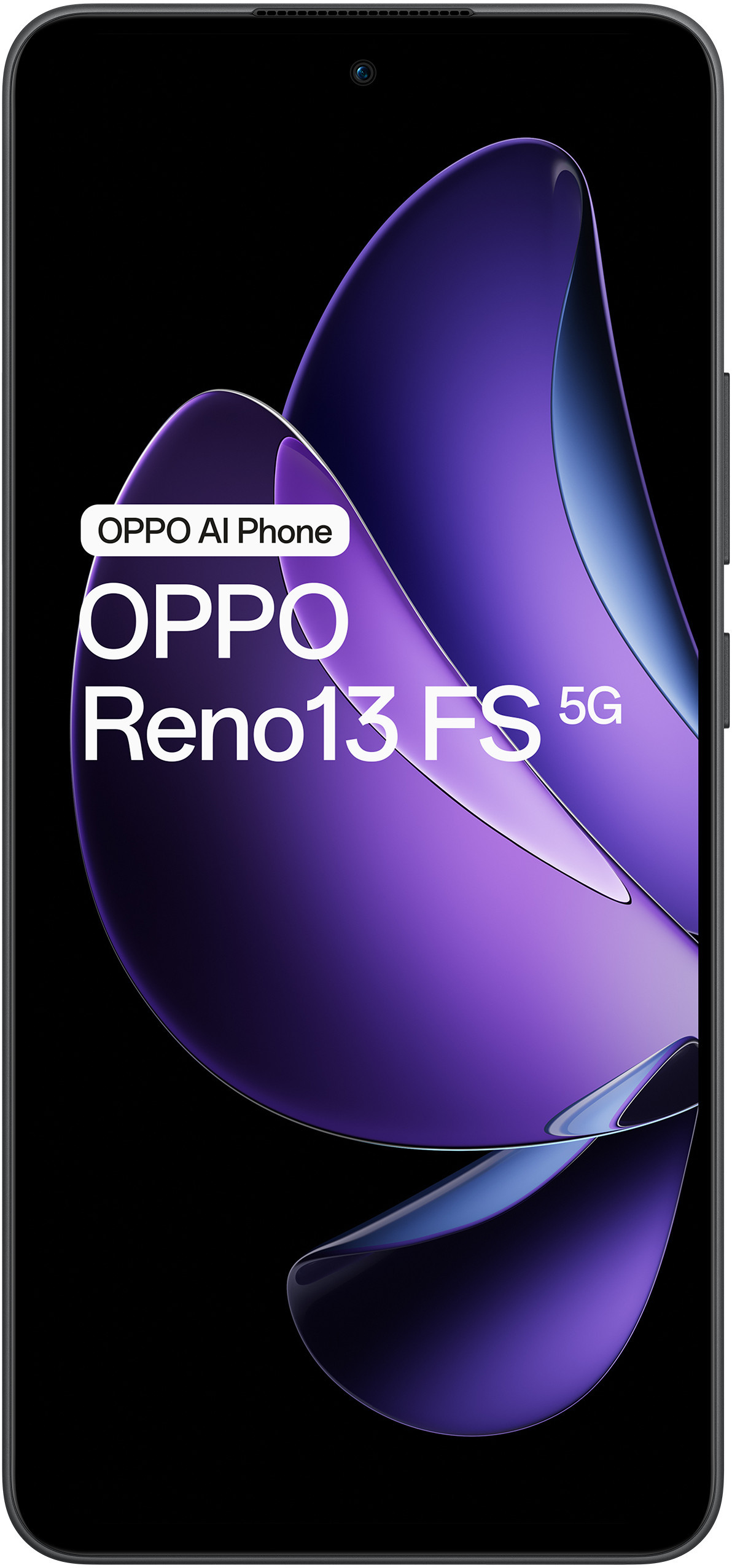 Czarny telefon Oppo Reno13 FS 5G z fioletowym abstrakcyjnym wzorem.