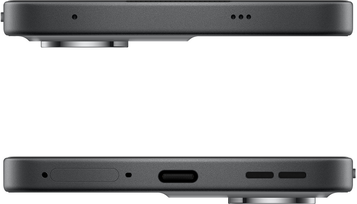 Zbliżenie ciemnoszarego telefonu pokazujące górną i dolną krawędź.