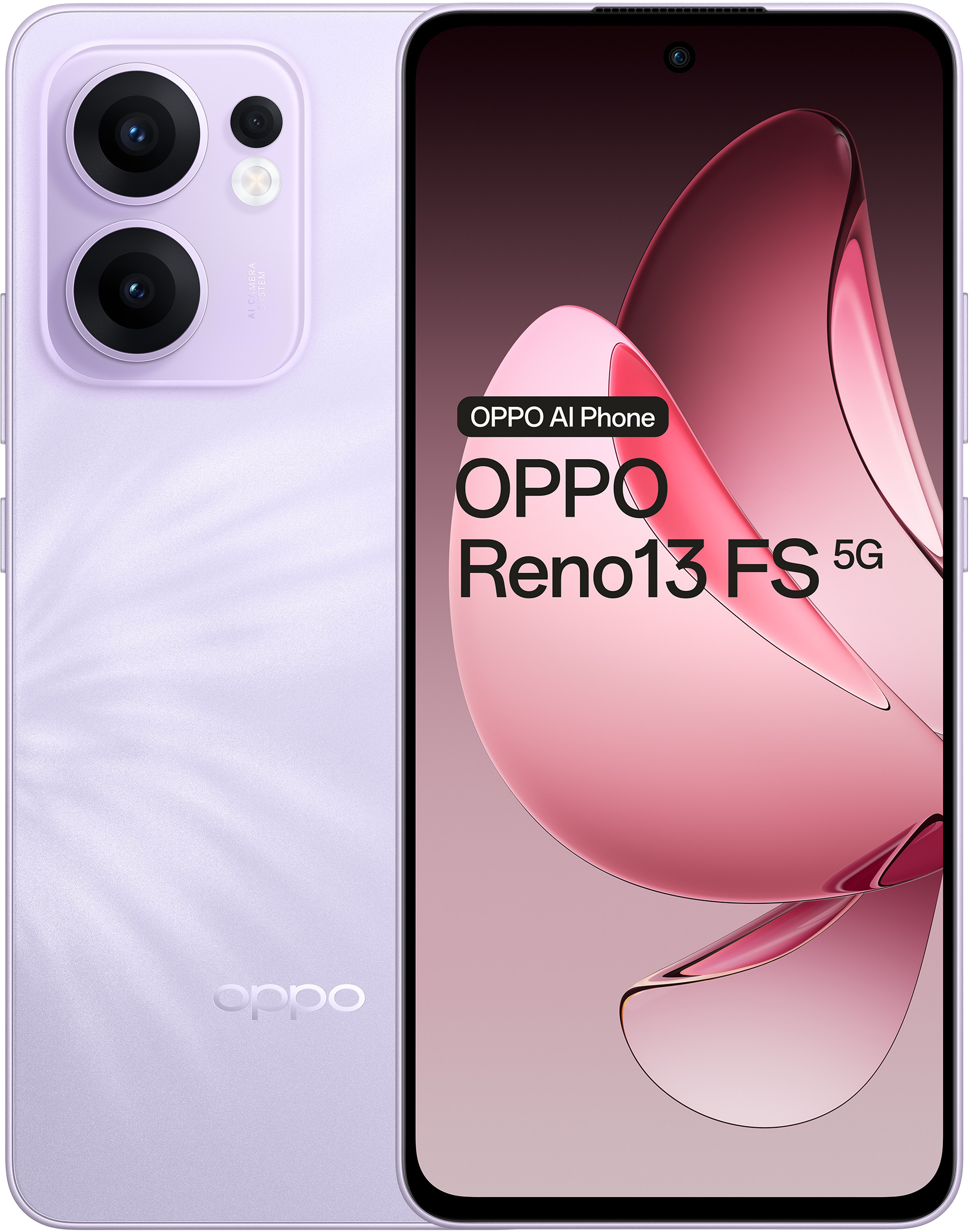 Fioletowy telefon Oppo Reno13 FS 5G z dwoma tylnymi aparatami i różowo-białym tłem.