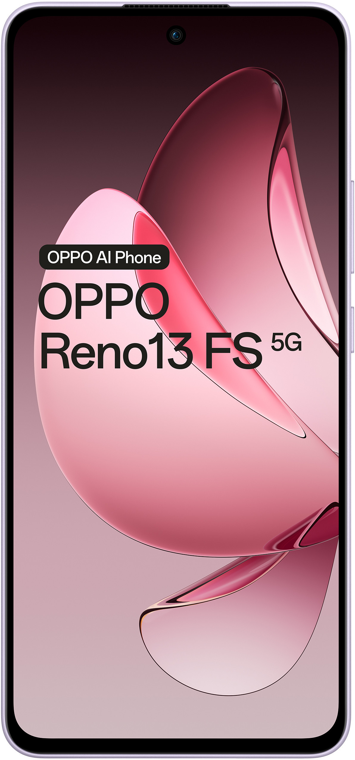 Telefon OPPO Reno13 FS 5G, kolor lawendowy, z abstrakcyjnym różowym tłem.