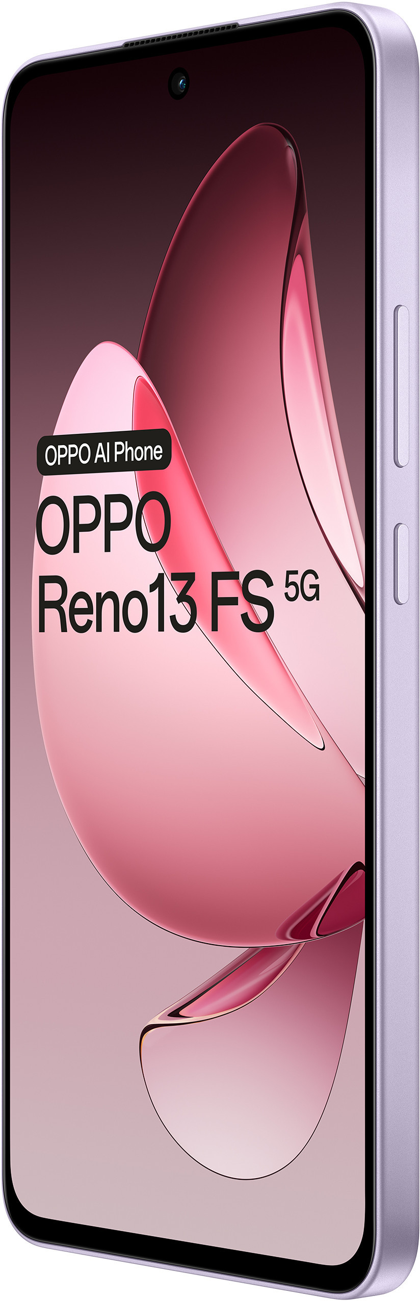 Fioletowy telefon Oppo Reno13 FS 5G, widok pod kątem, na białym tle.