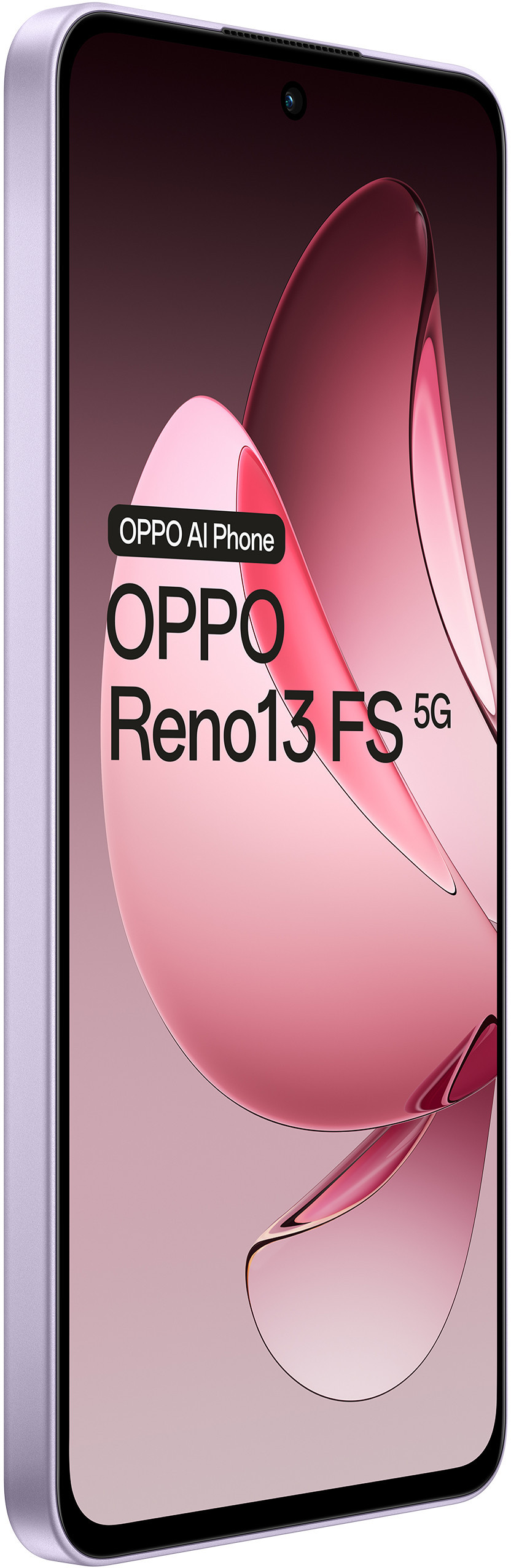 Telefon OPPO Reno13 FS 5G na białej powierzchni z różowo-fioletowym tłem.
