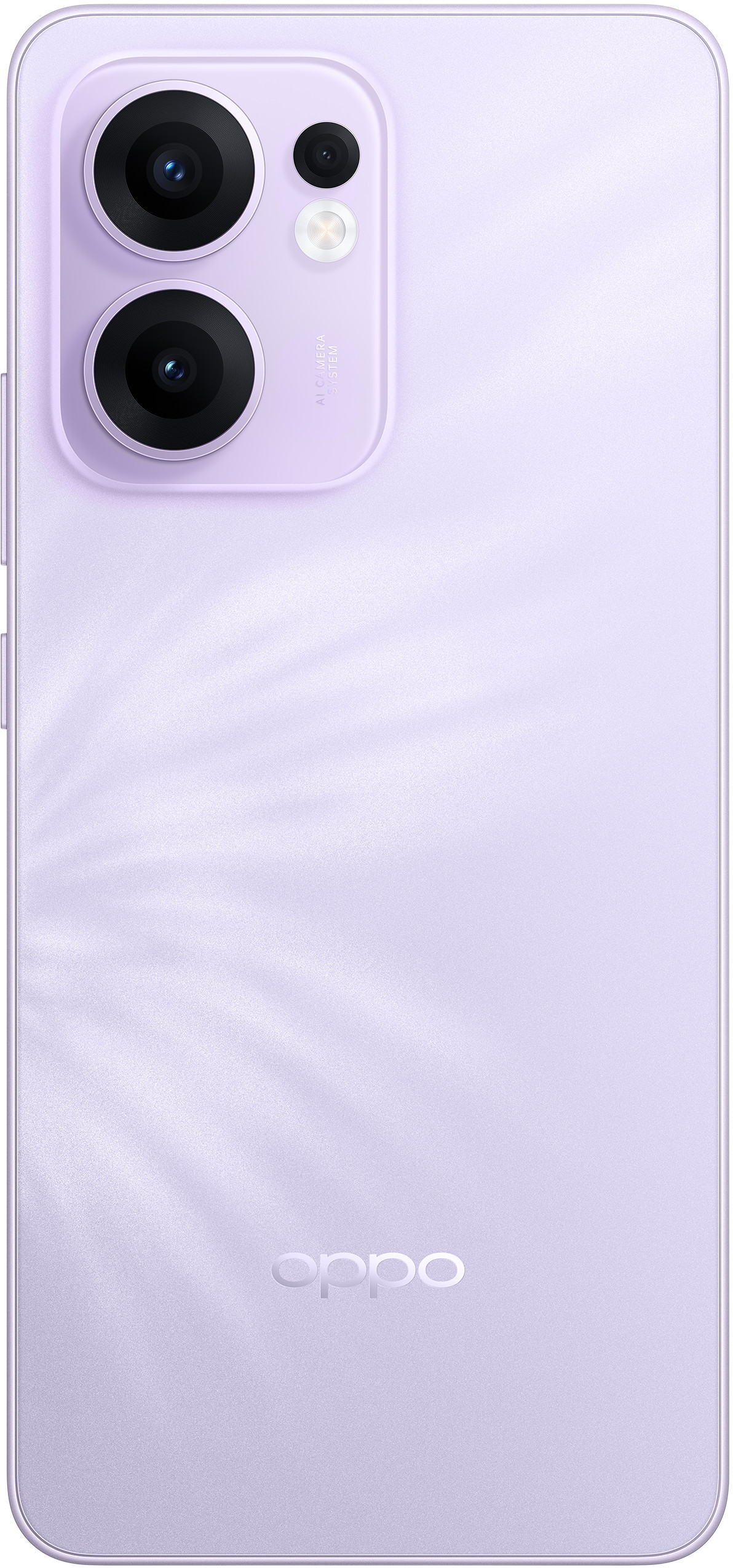Fioletowy telefon Oppo, widok z tyłu, z zestawem aparatów i logo Oppo. Widoczny jest subtelny wzór liści.