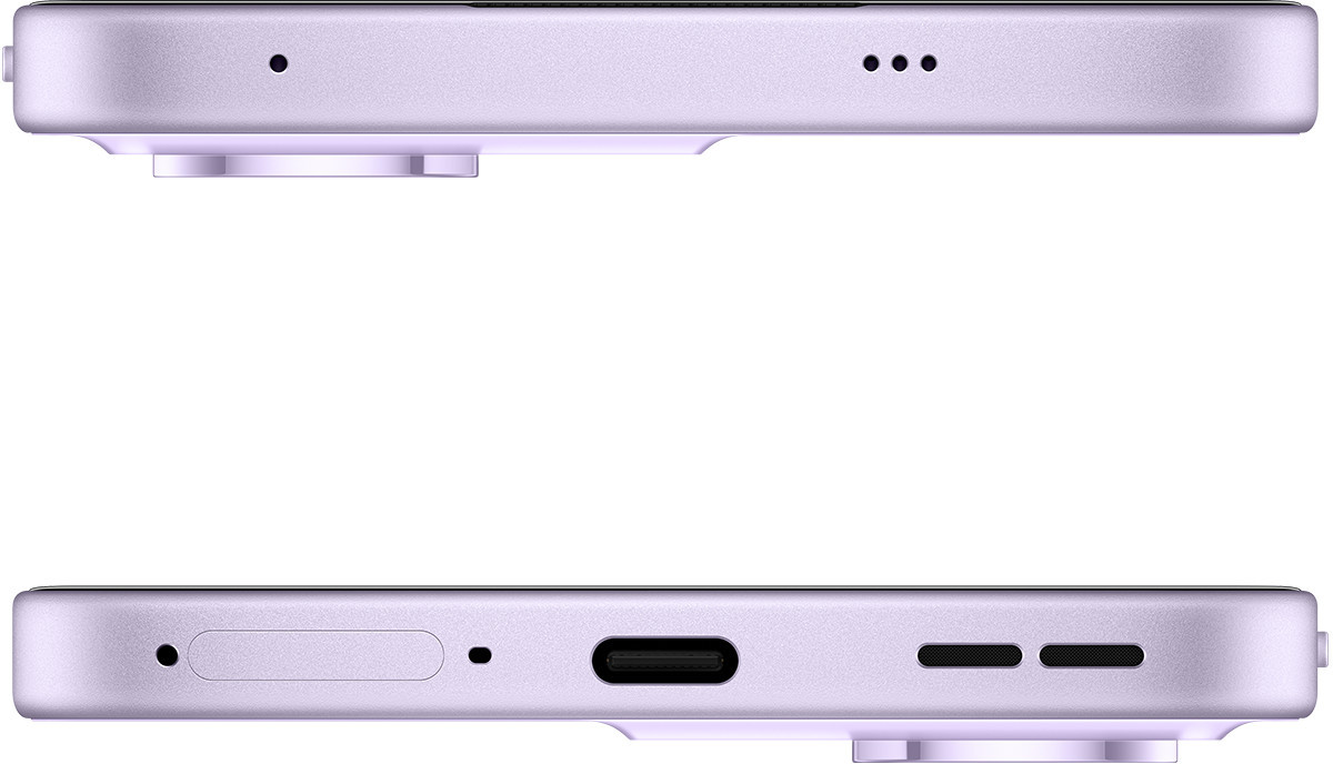 Fioletowy smartfon z aparatem i głośnikiem. Widoczne są górna i dolna część telefonu.