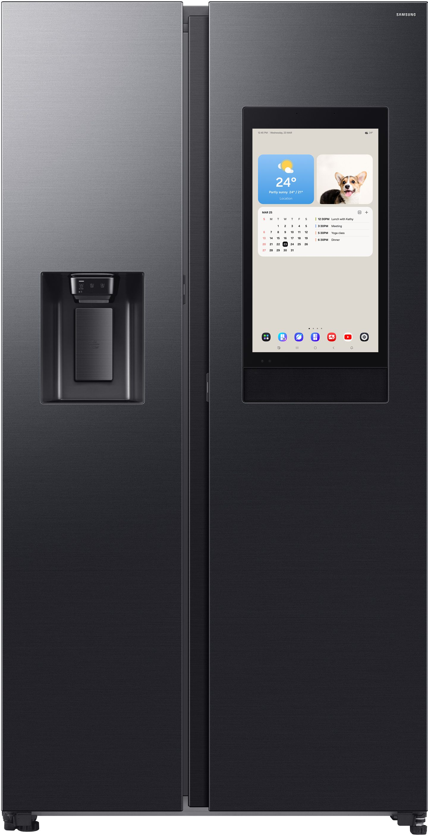 Schwarzer Samsung-Kühlschrank mit Touchscreen auf weißem Hintergrund.