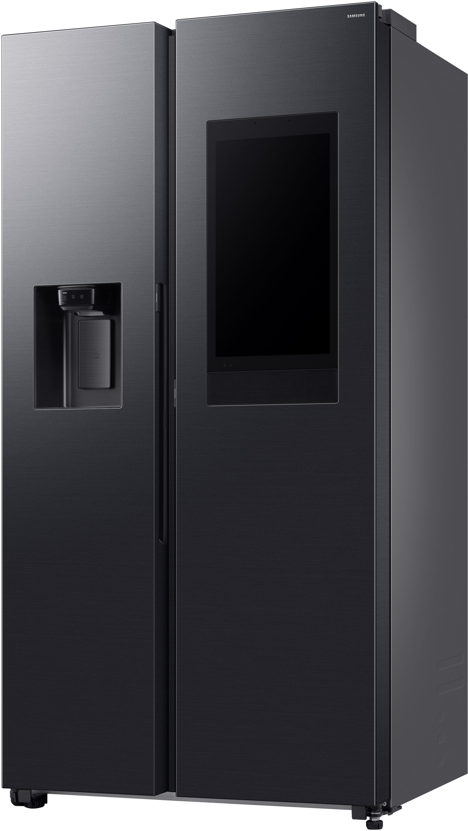Schwarzer Samsung Side-by-Side-Kühlschrank mit Wasserspender und Touchscreen.