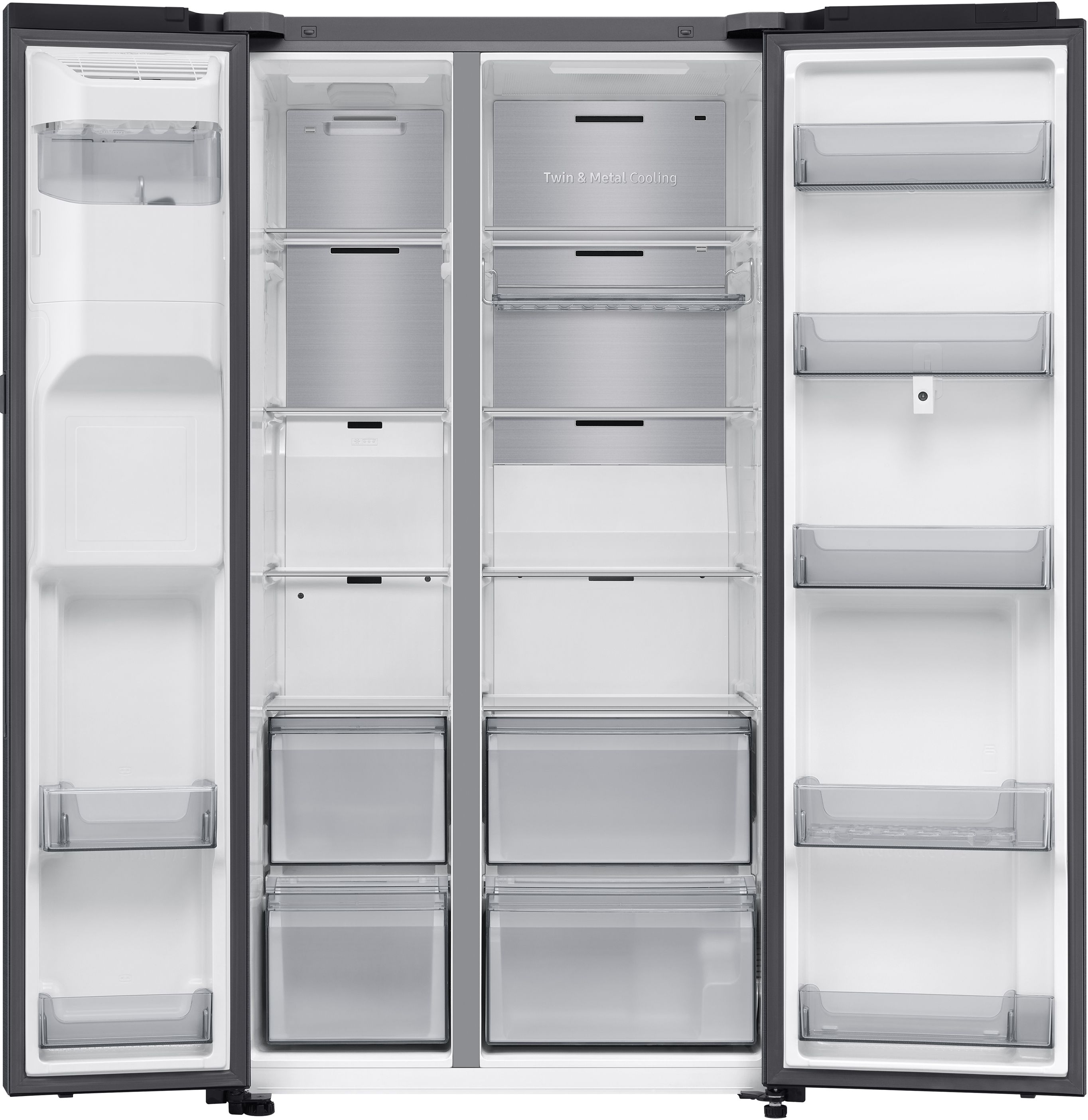 Ein Kühlschrank mit geöffneten Türen, der Regale, Schubladen und Staufächer zeigt.
