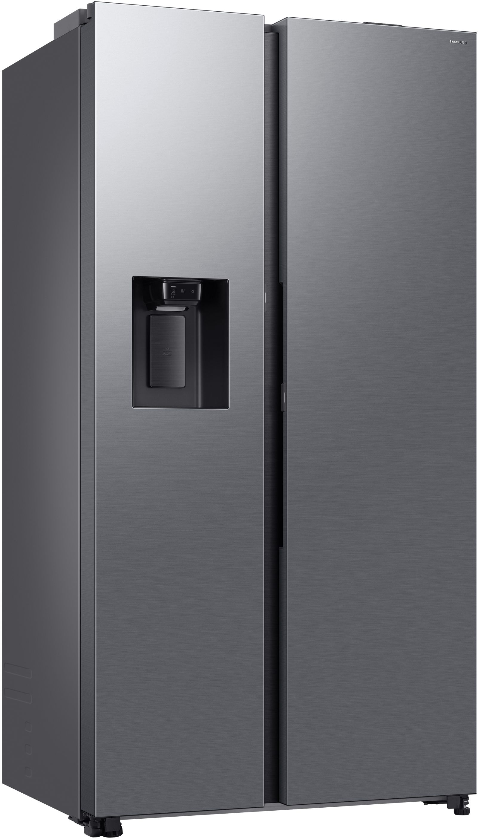 Edelstahl Samsung Kühlschrank, nebeneinander Türen, Wasserspender an der linken Tür.