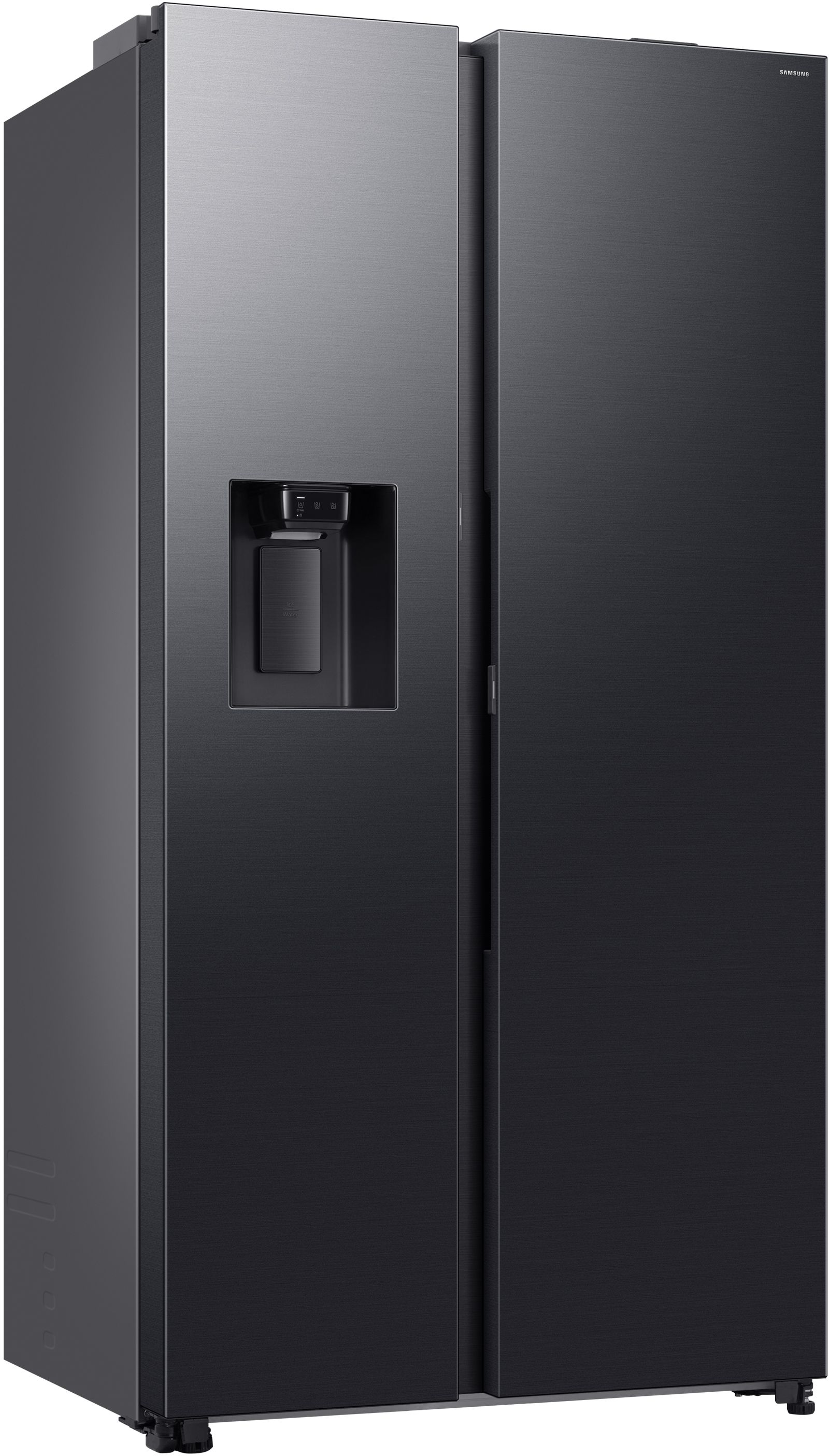 Schwarzer Samsung-Kühlschrank mit zwei Türen, Wasserspender und gebürsteter Metalloberfläche.