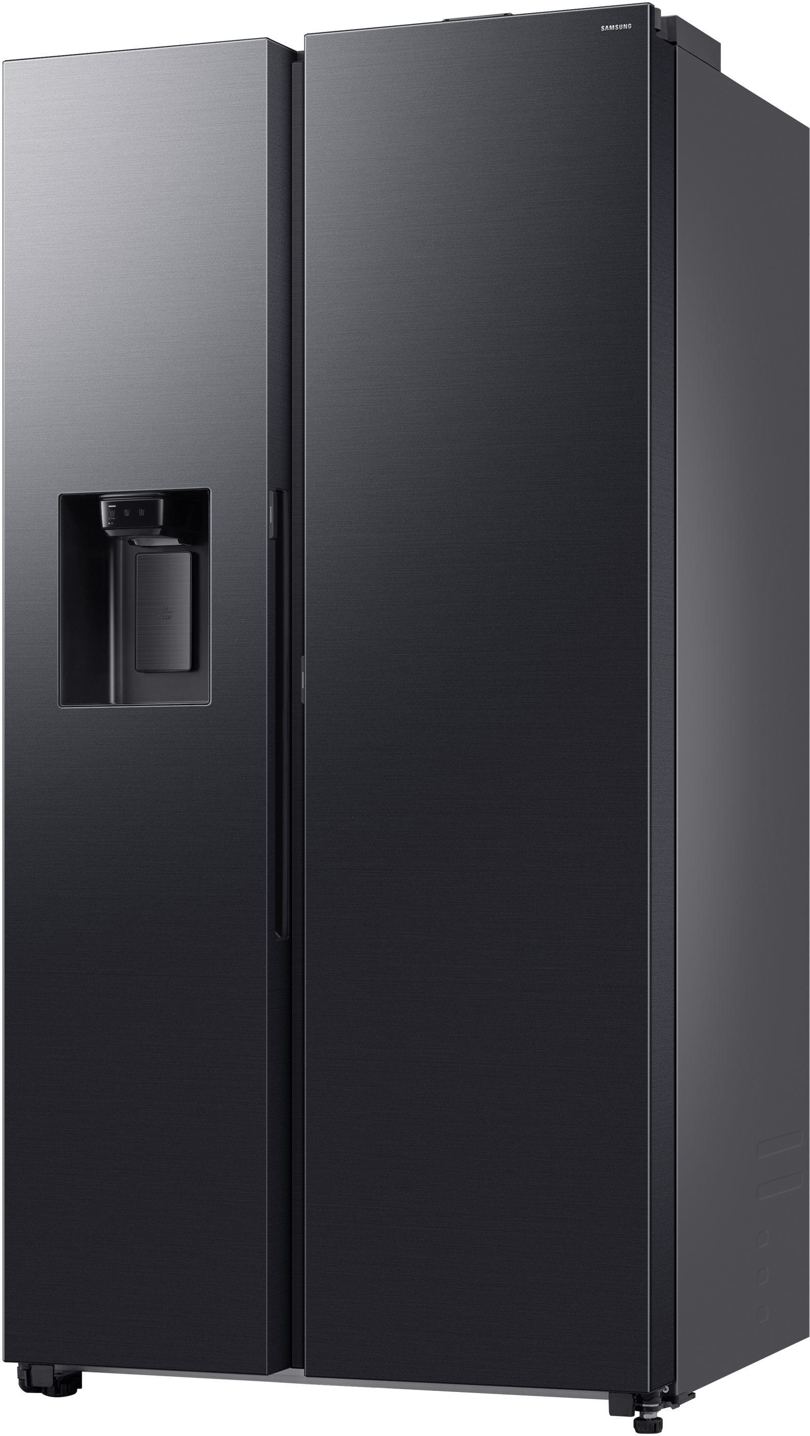 Schwarzer Side-by-Side-Kühlschrank von Samsung mit Wasserspender.