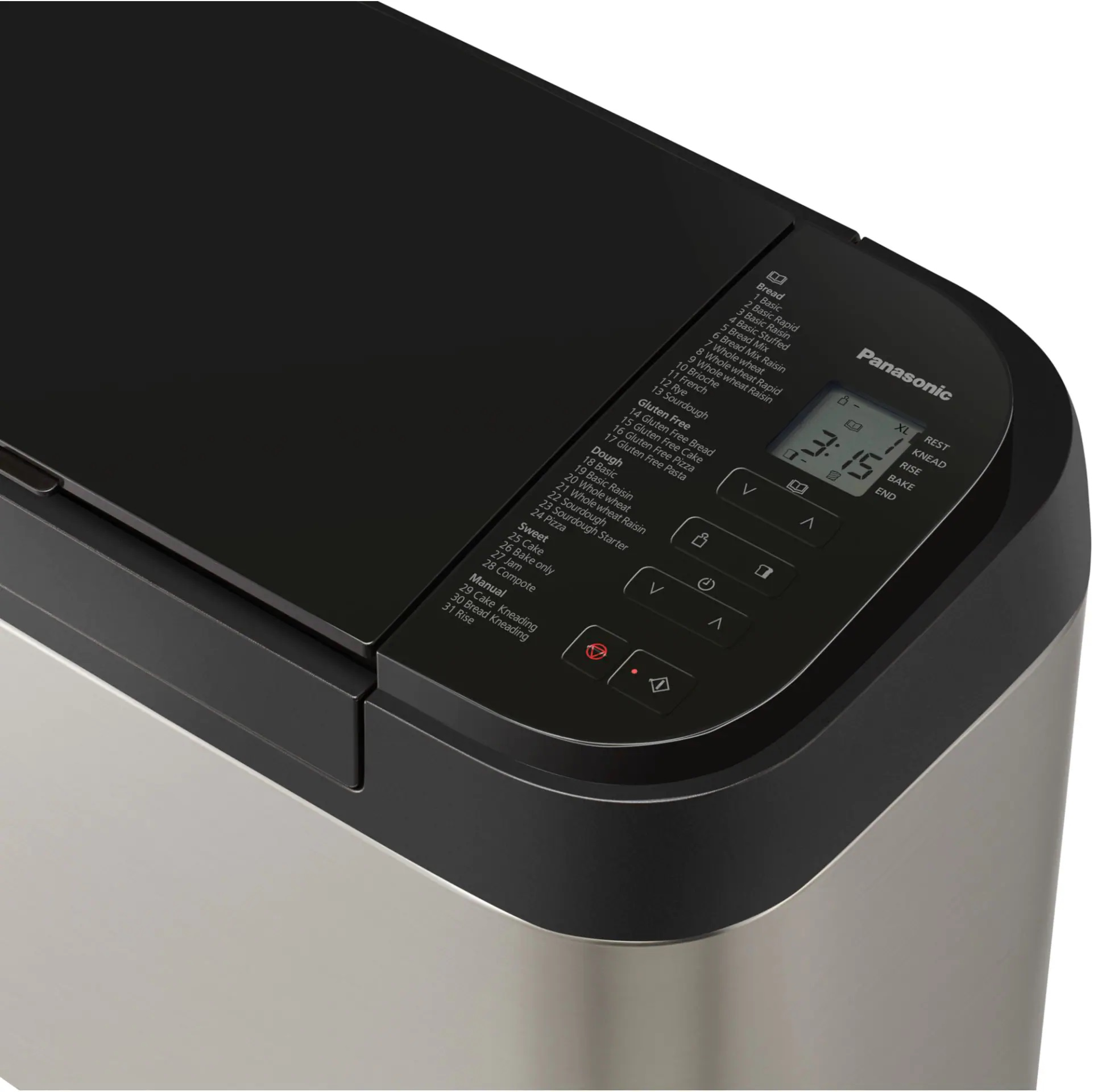 Wypiekacz do chleba Panasonic z cyfrowym wyświetlaczem i przyciskami sterowania.