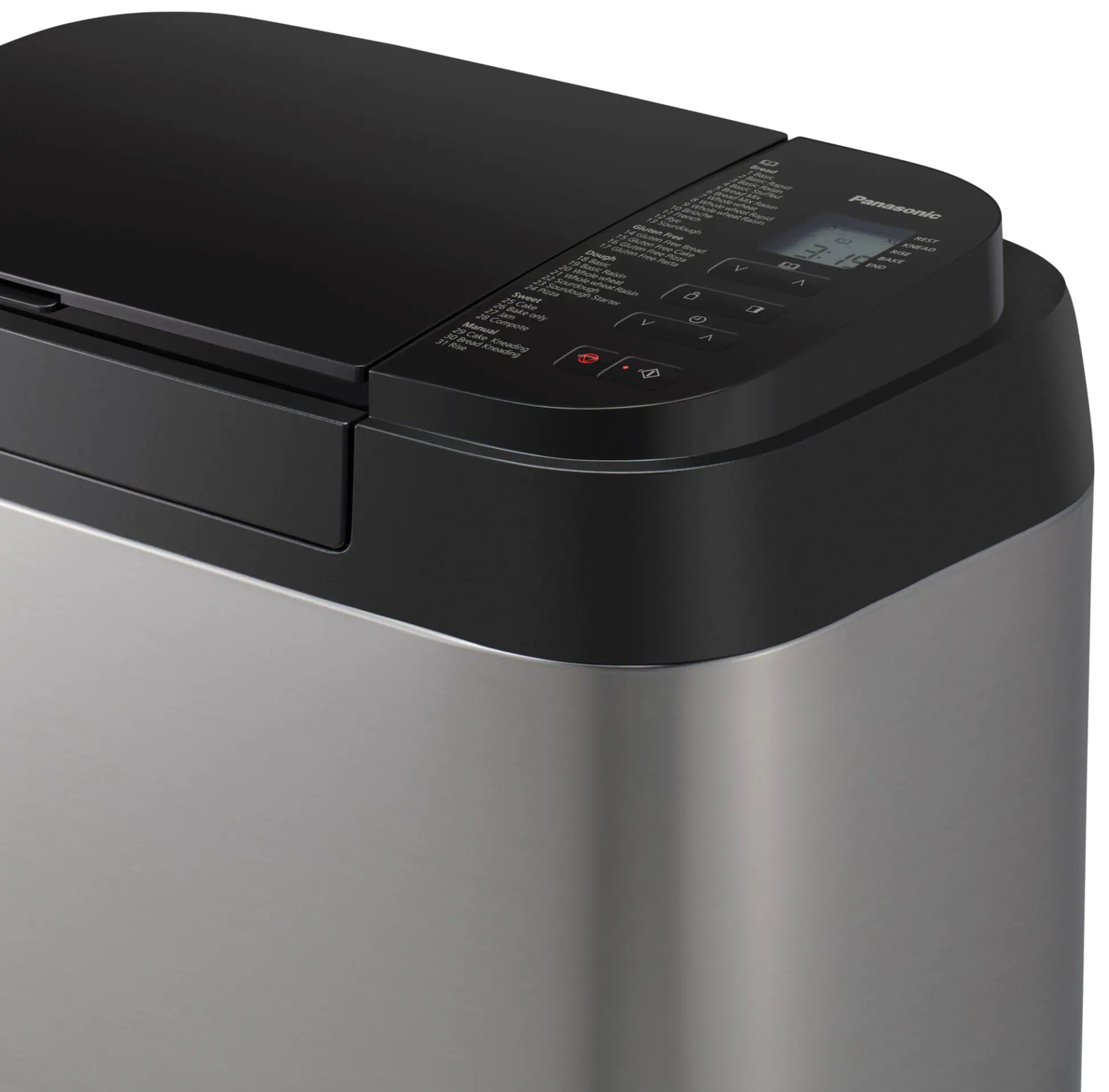 Srebrna maszyna do chleba z czarnym blatem. Wyświetlacz cyfrowy, przyciski i nazwa marki widoczne.