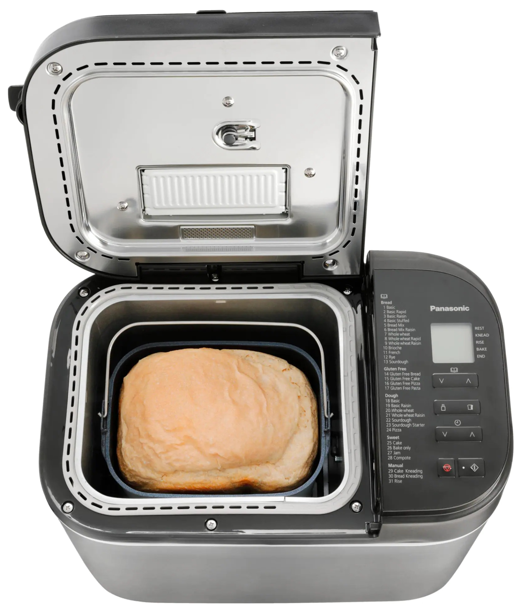 Maszyna do chleba z otwartą pokrywą, pokazująca chleb.