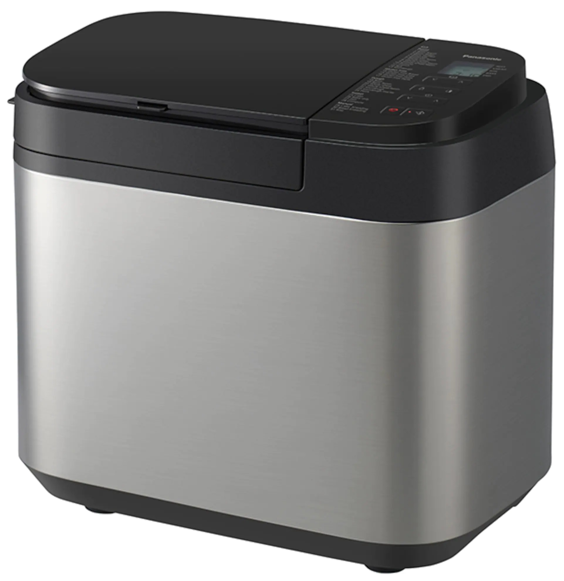 Srebrno-czarny wypiekacz do chleba Panasonic z zamkniętą pokrywą, wyświetlaczem cyfrowym i przyciskami.