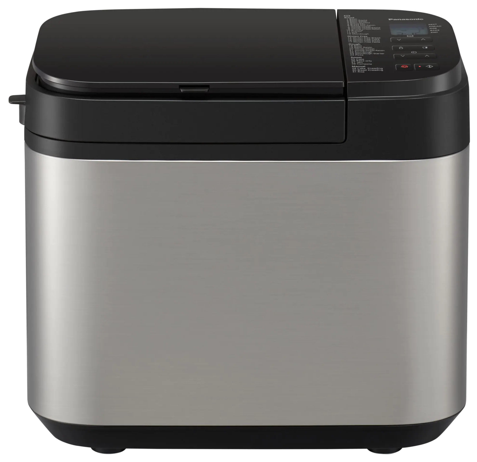Czarno-srebrna maszyna do pieczenia chleba Panasonic z cyfrowym wyświetlaczem.