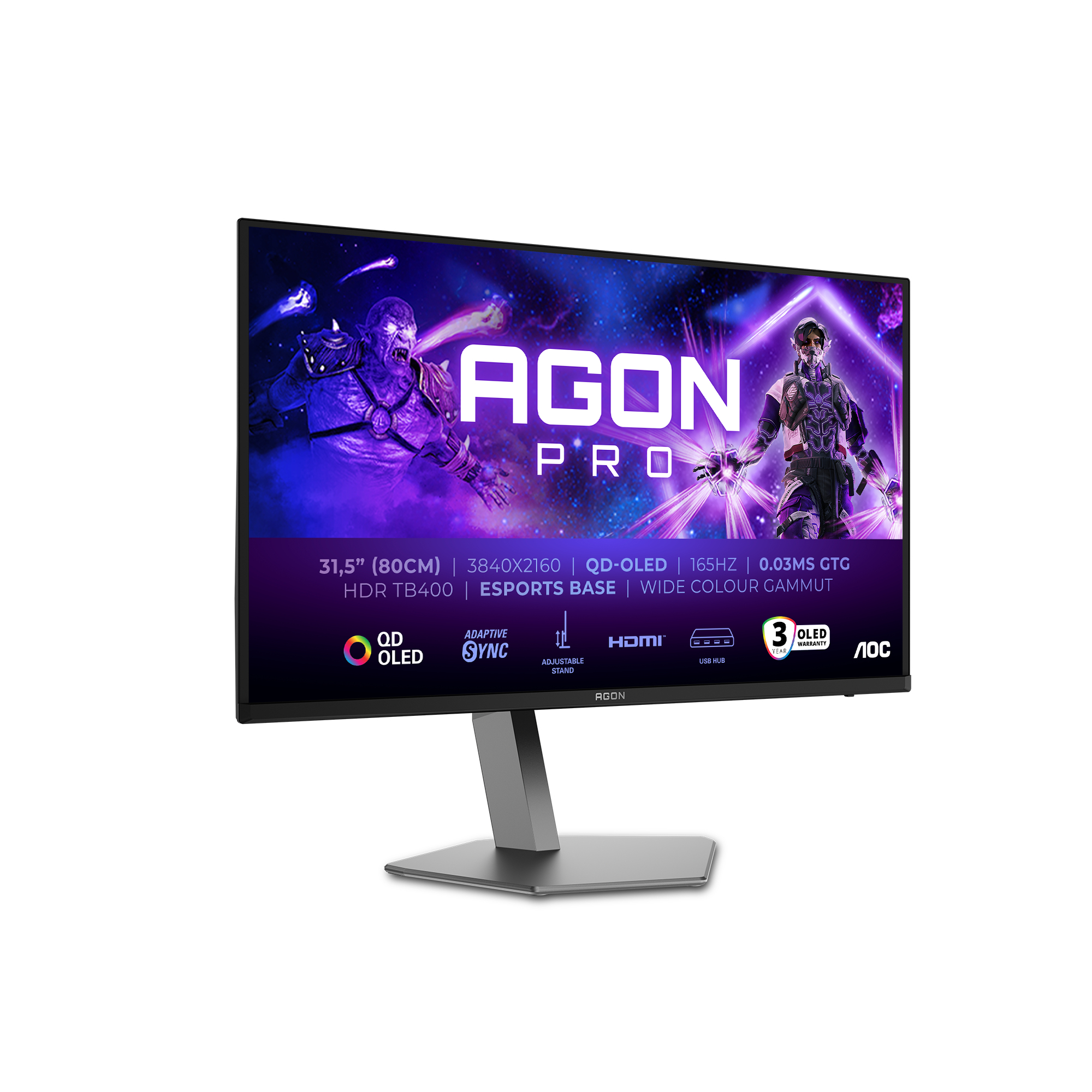 AOC Agon Pro Monitor, Gaming-Szene, Spezifikationen und Logo, mit verstellbarem Ständer.