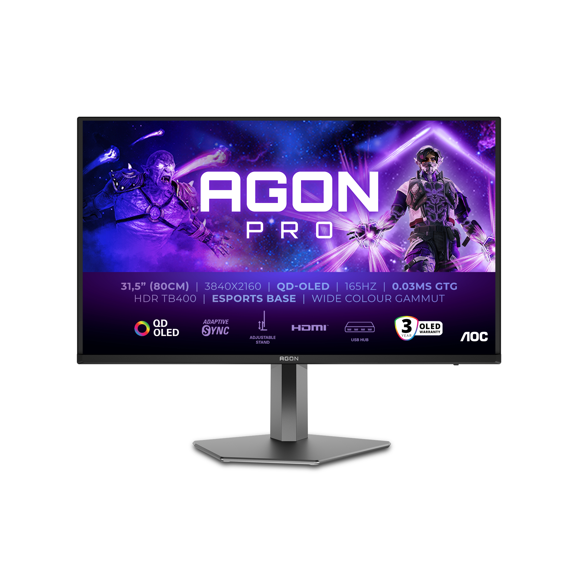AOC AGON Pro Monitor. Verfügt über einen gebogenen Bildschirm, einen Ständer und ein Spielbild.