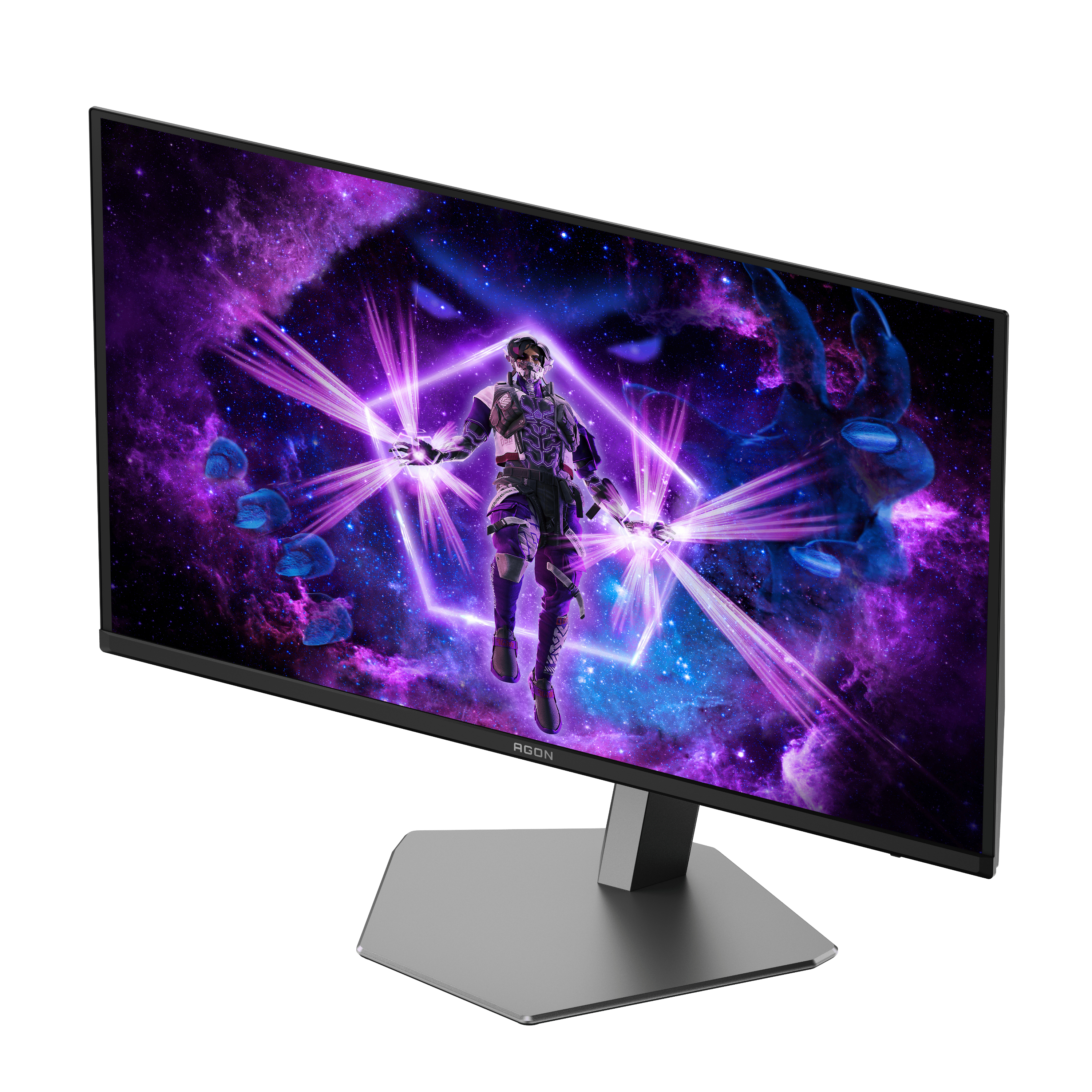 Gaming-Monitor, der eine futuristische Szene mit einer Person in der Mitte zeigt.