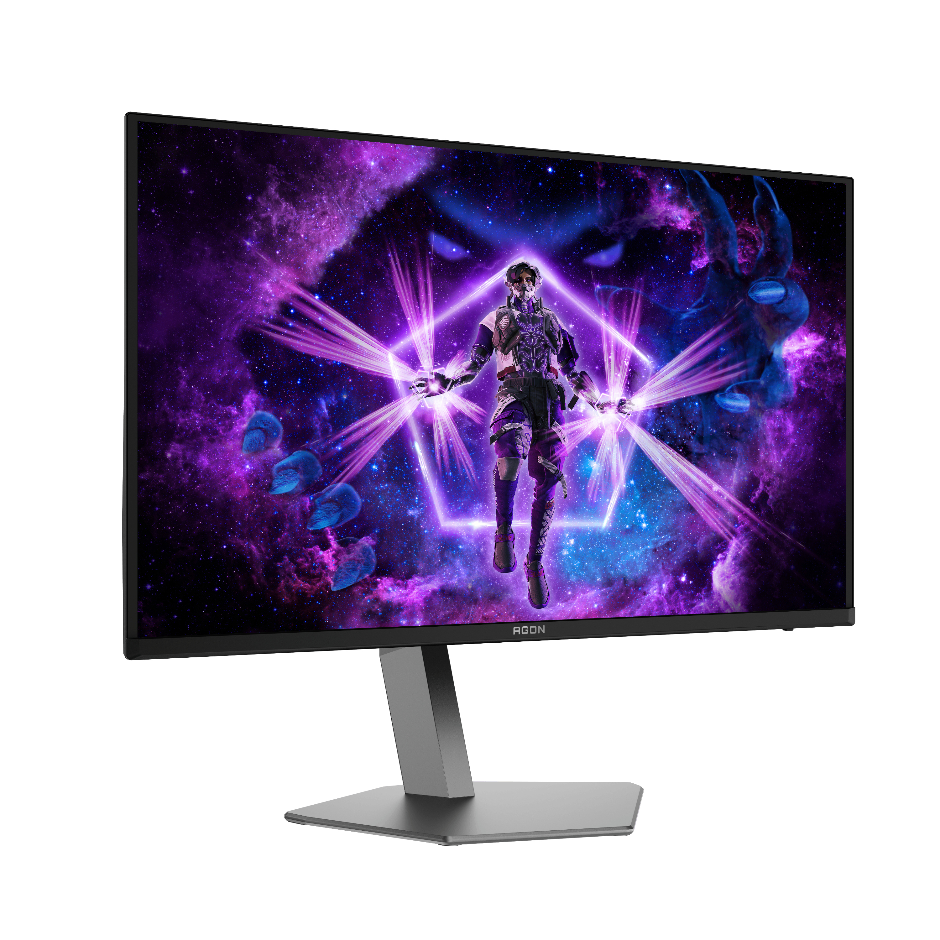 Computermonitor, der eine farbenfrohe Szene einer Figur in einem lila Galaxiehintergrund anzeigt.