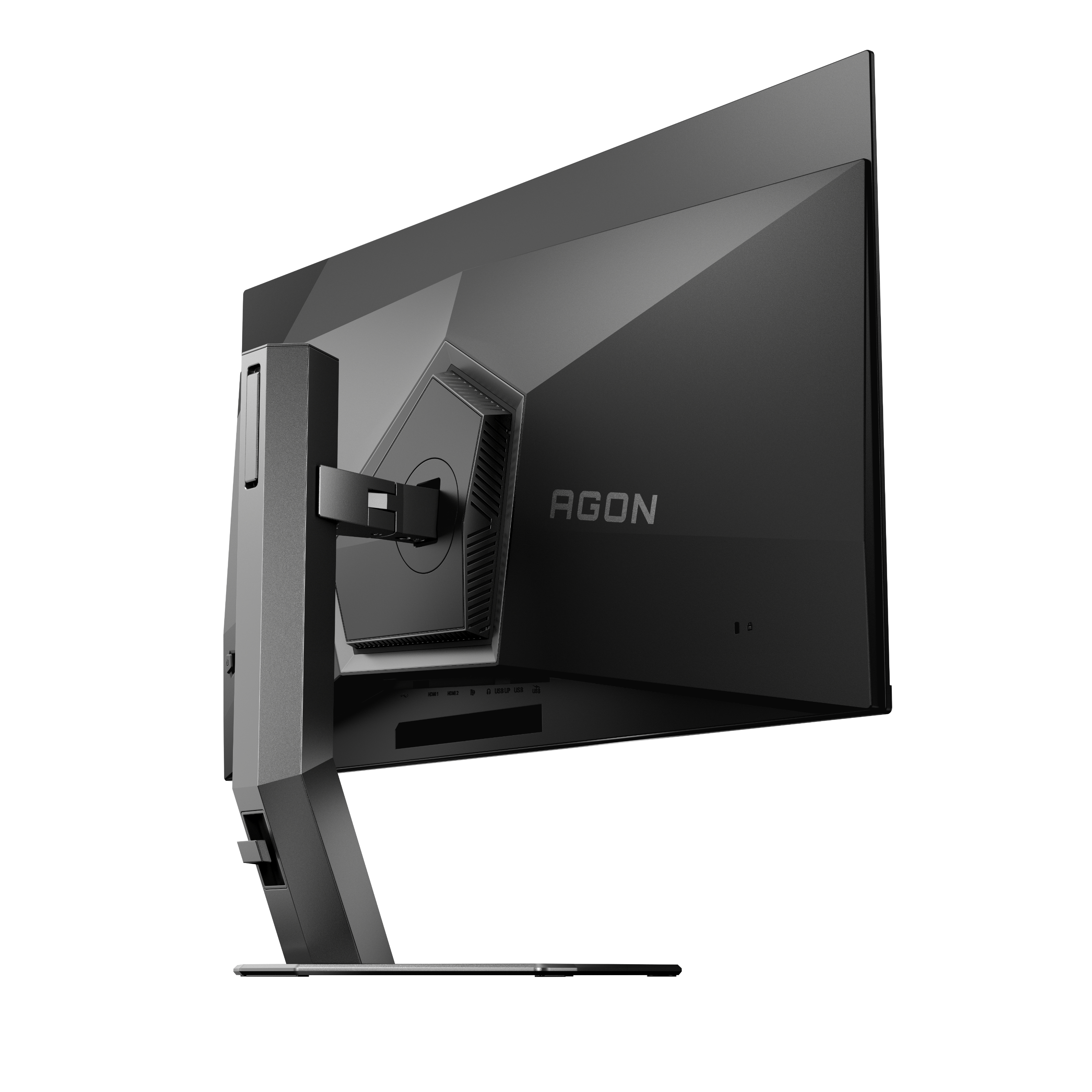 Schwarze Monitorrückseite, angewinkelt. Mit AGON-Logo. Schnittstellen unten sichtbar.