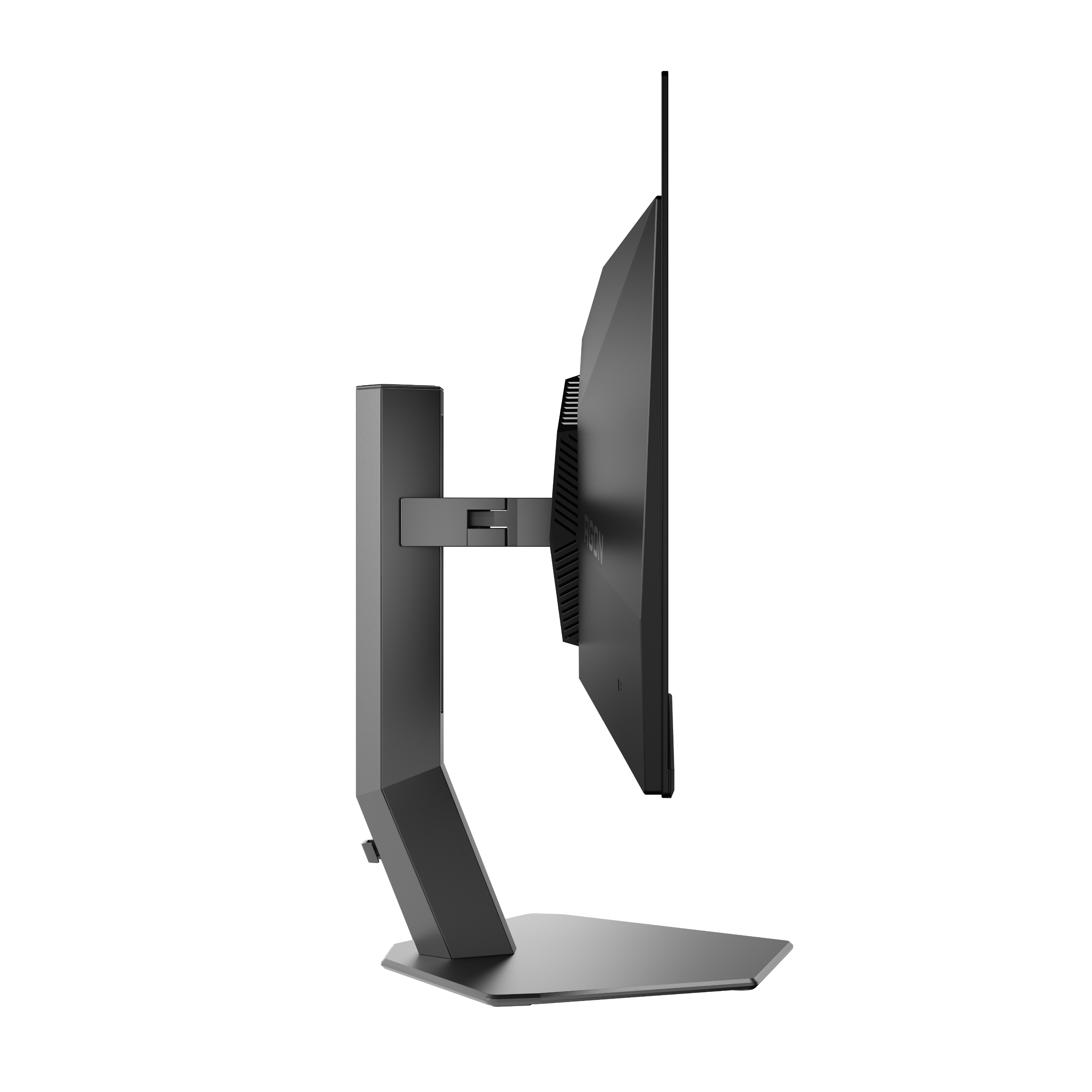 Seitenansicht eines grauen Computermonitors auf einem Ständer, der Bildschirm und Stütze zeigt.