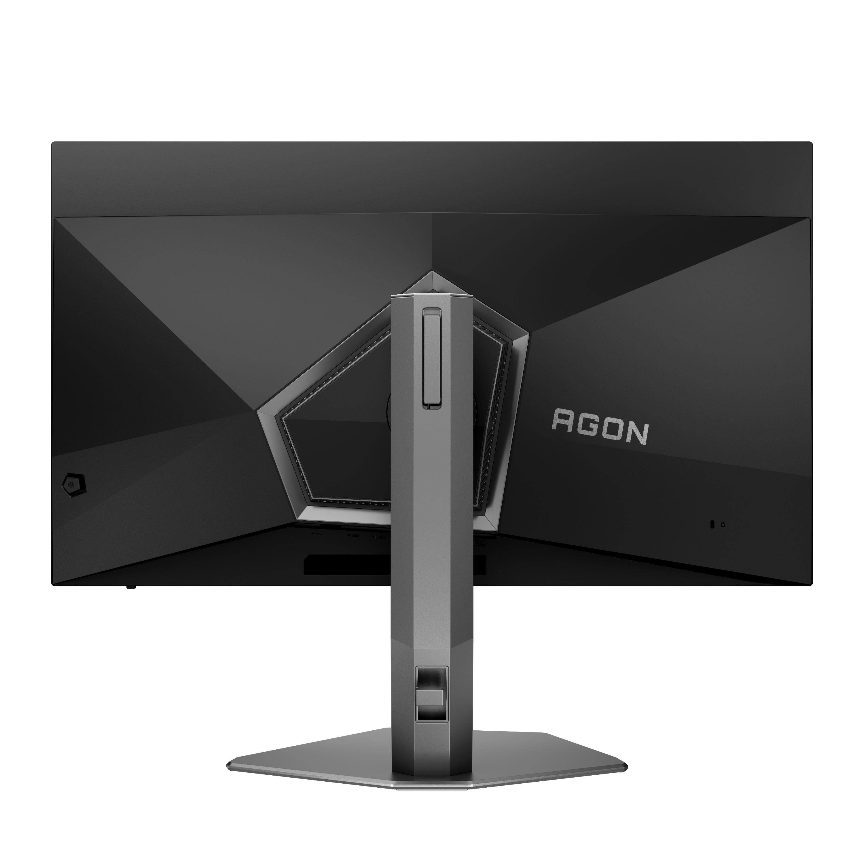 Rückseite eines schwarzen Monitors mit dem Wort AGON, abgewinkelte Ansicht.
