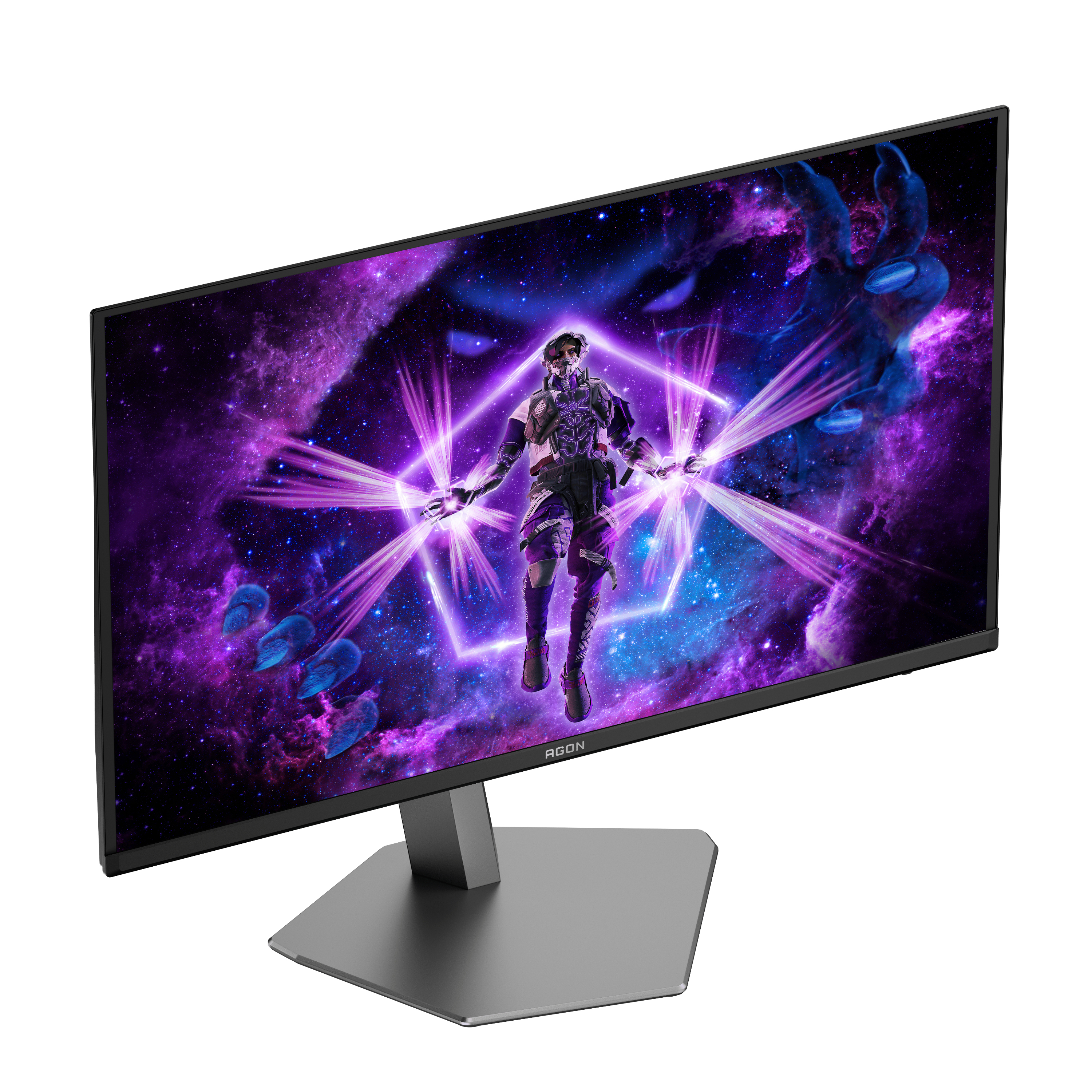 Ein gekrümmter Computermonitor, der eine Spielszene mit einem Charakter anzeigt.
