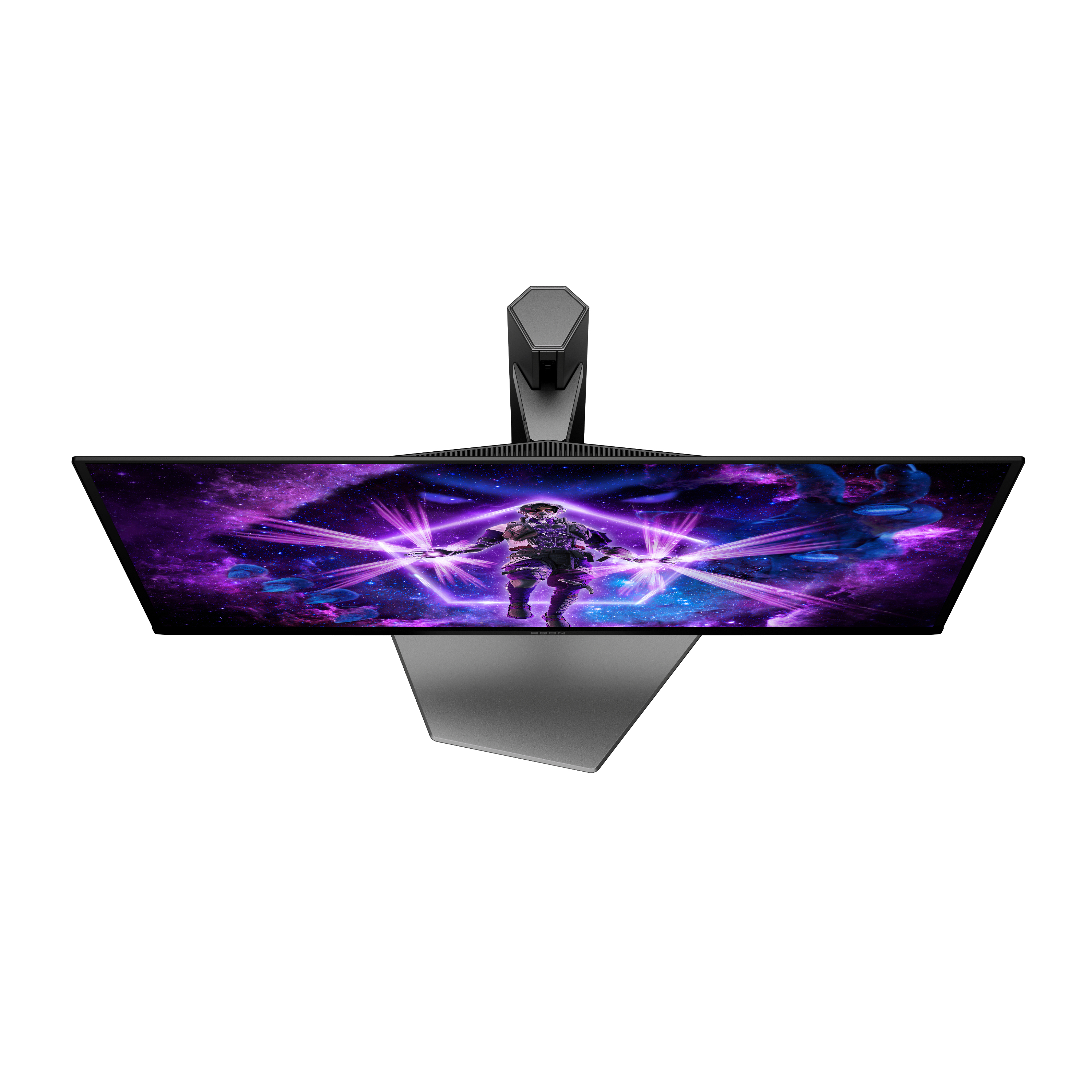 Monitor von oben, Display an, mit Weltraumszene. Schwarzer Ständer. Schwarz-grauer Rahmen.