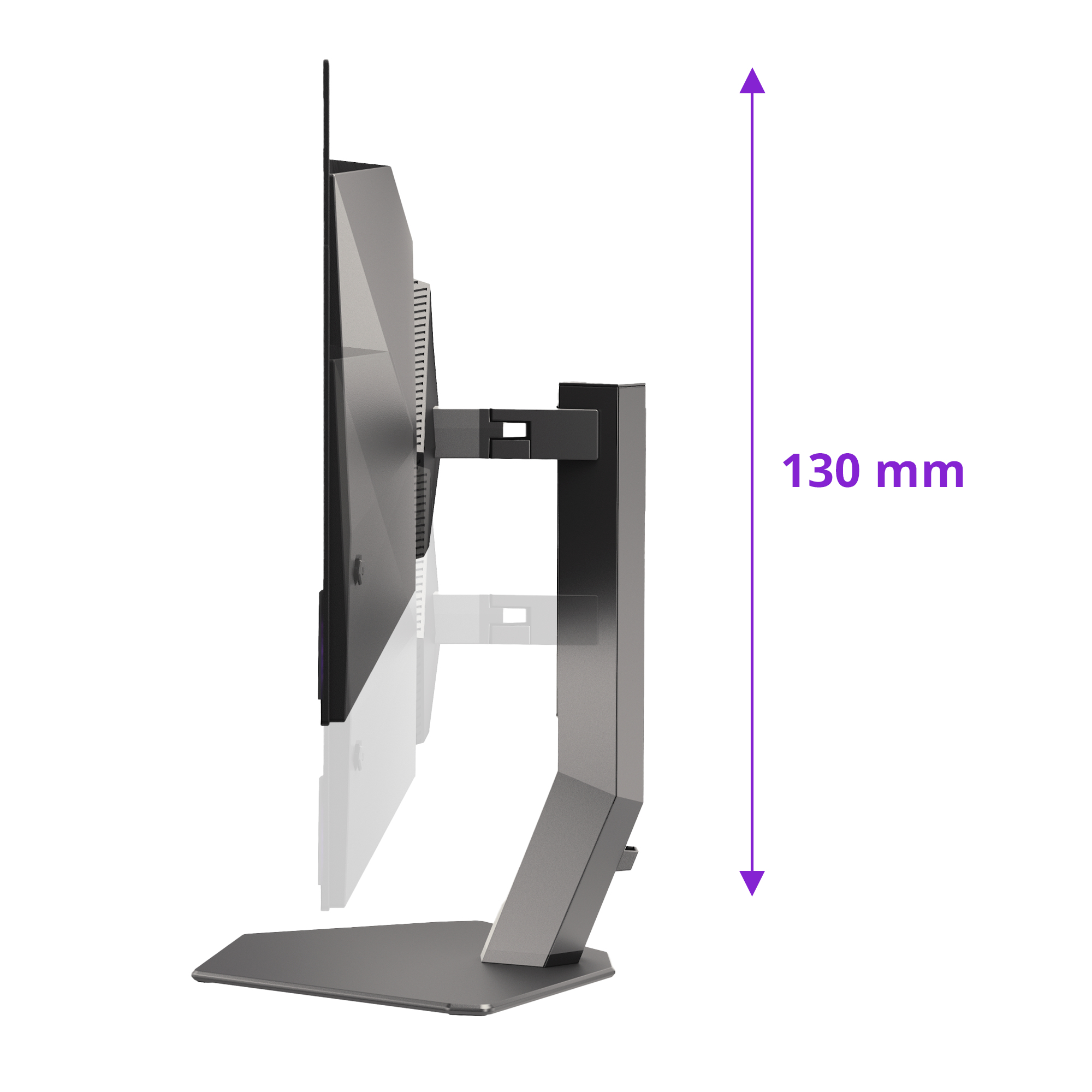 Seitenansicht eines Computermonitors auf einem Ständer, mit einem Pfeil, der seine 130 mm Höhe angibt.