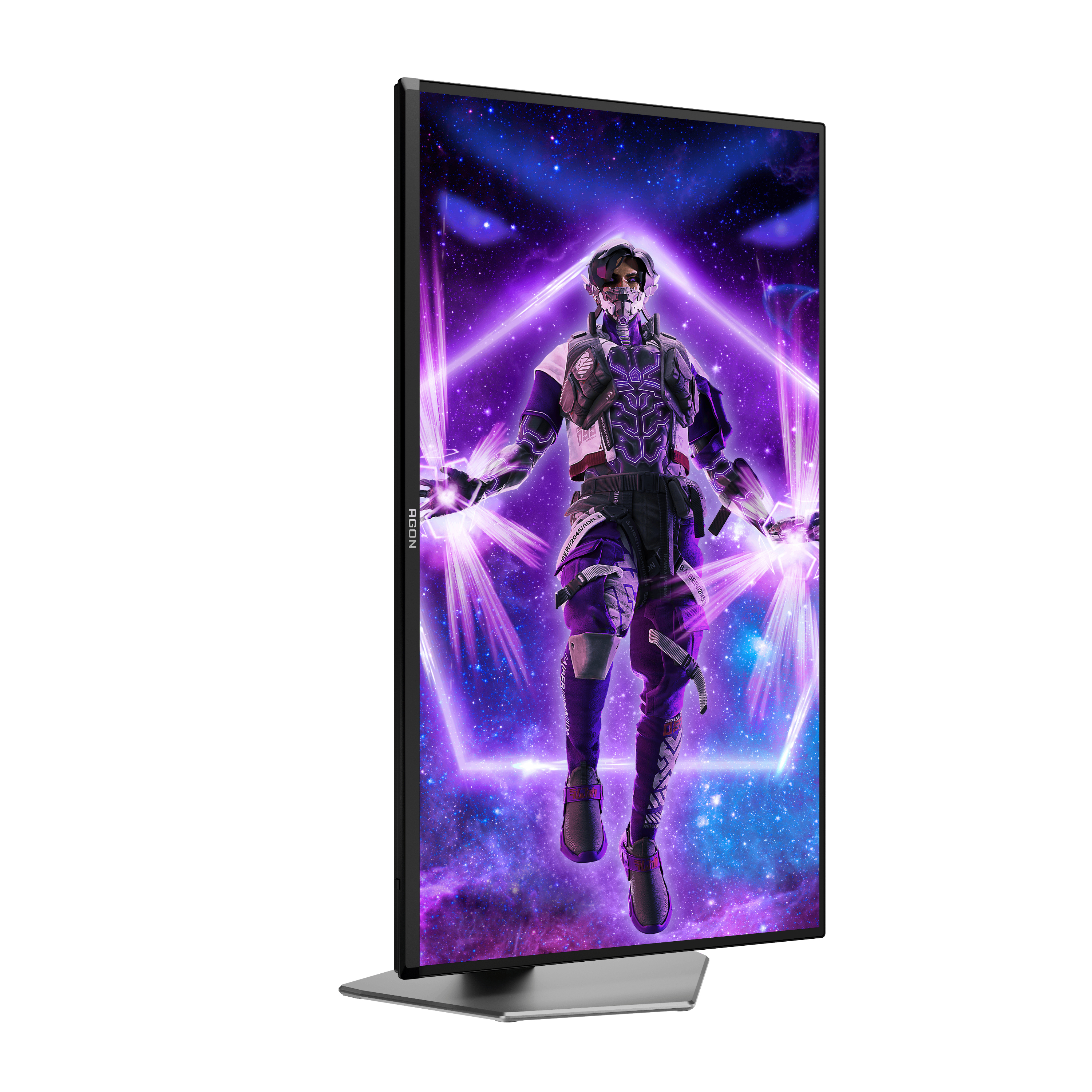 Ein Gaming-Monitor, der einen futuristischen Krieger mit lila Energie und Neonrahmen zeigt.