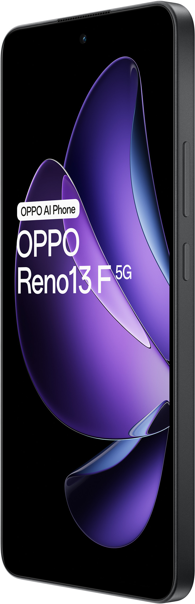 Czarny telefon Oppo Reno13 F 5G, widok z boku. Wyświetlacz i logo Oppo są widoczne.
