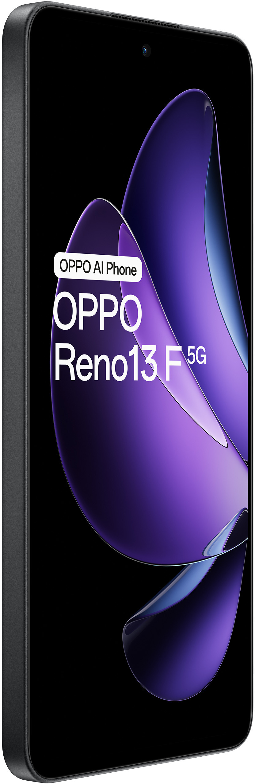 Czarny telefon Oppo Reno 13 F 5G, z fioletowym tłem i aparatem na ekranie.