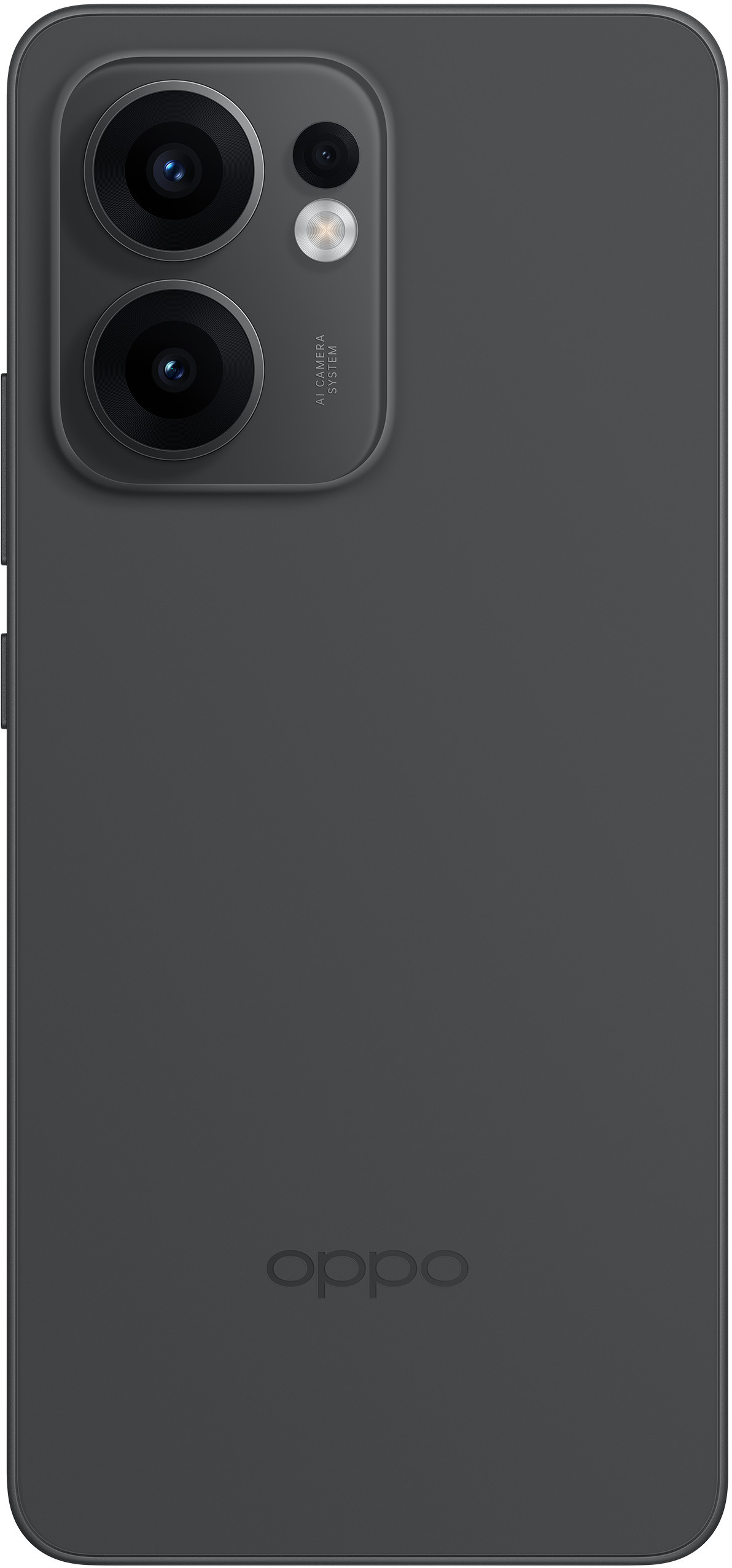 Tył telefonu Oppo w kolorze ciemnoszarym, z systemem aparatów i logo Oppo.