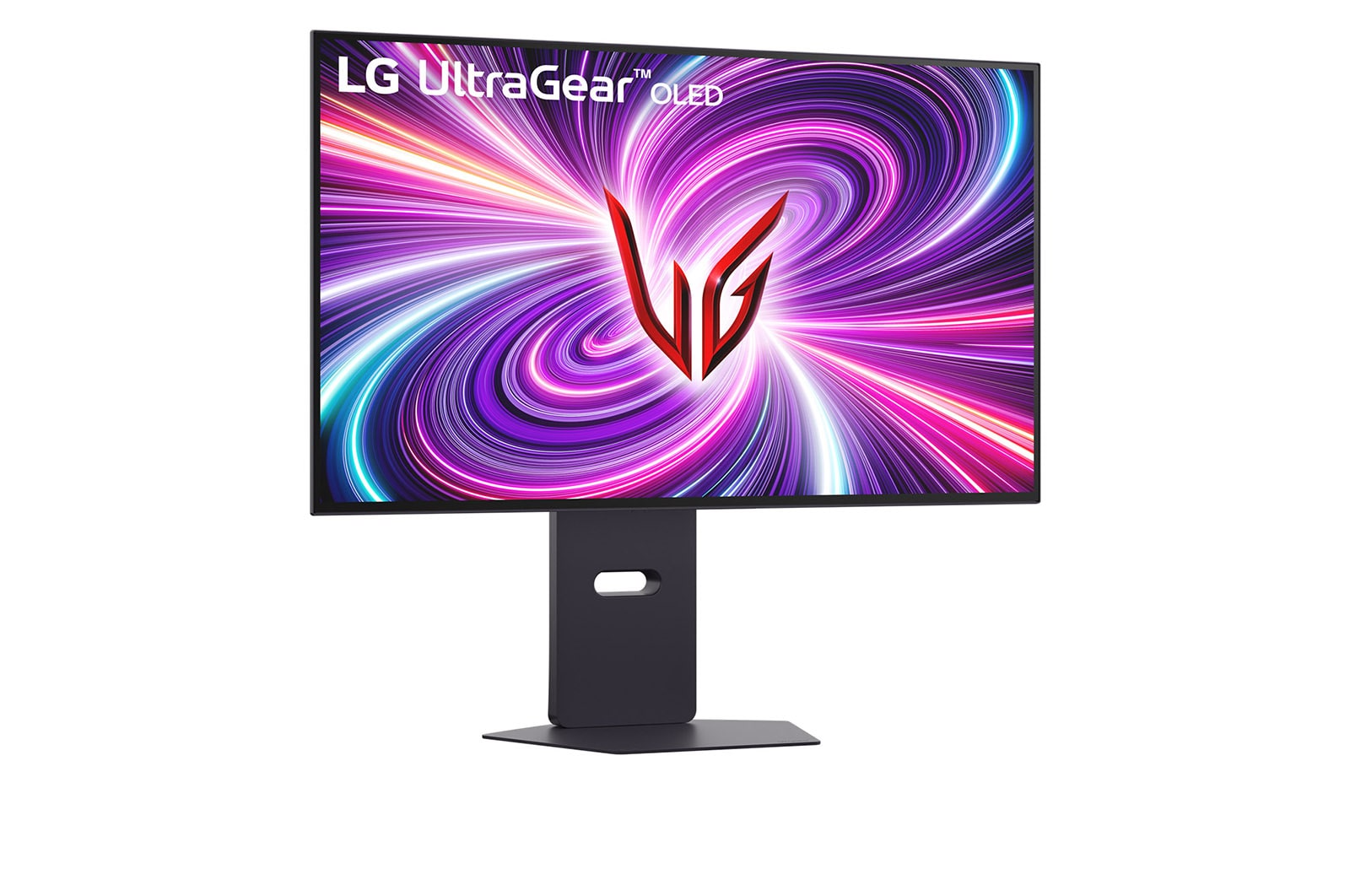 LG UltraGear OLED monitor, színes, örvénylő kijelzővel, fekete állványon.